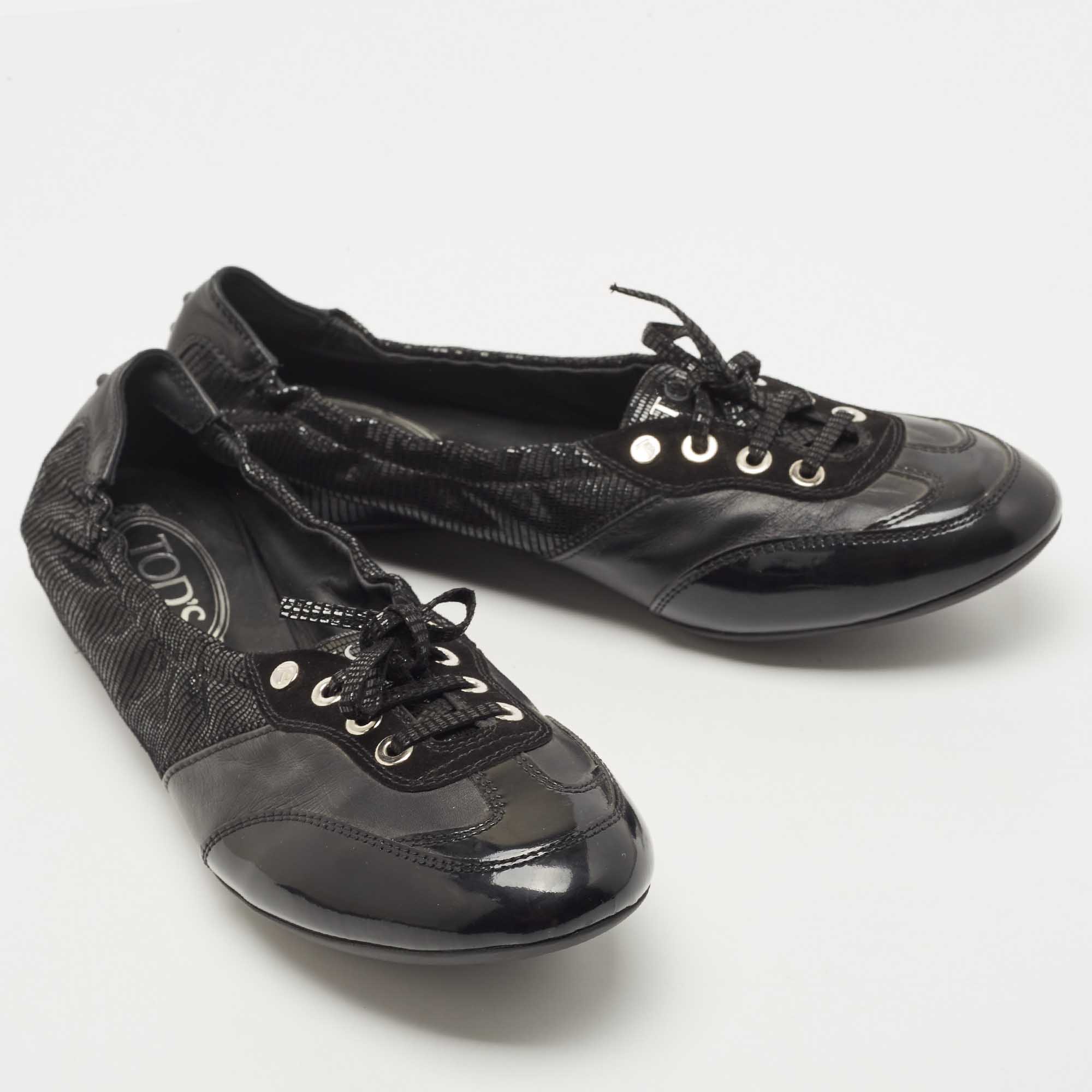 Tod's Black Suede And Leather Lace Up Scrunch Ballet Flats Size 41