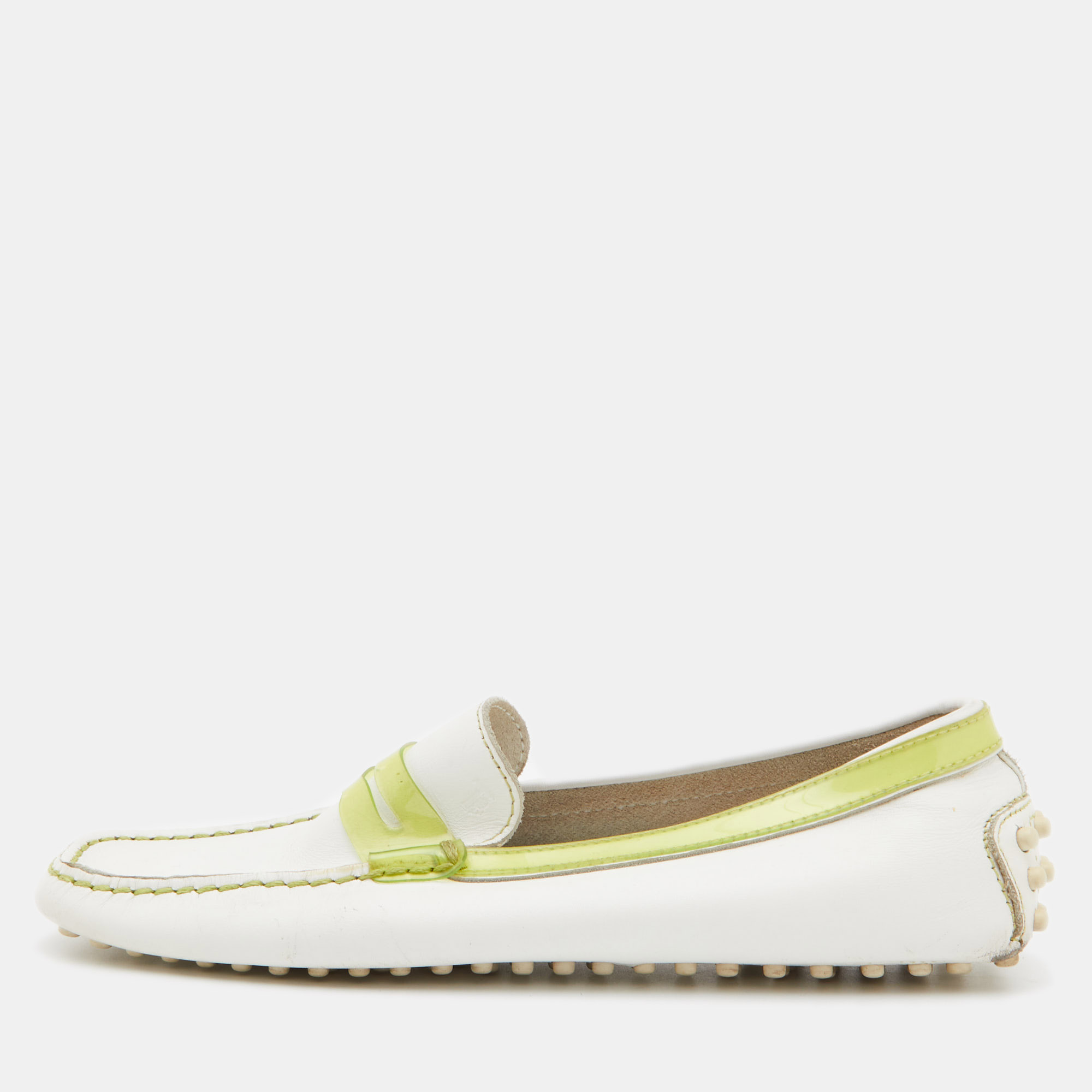 Tod's White/Green Leather And PVC Penny Loafers Size 36