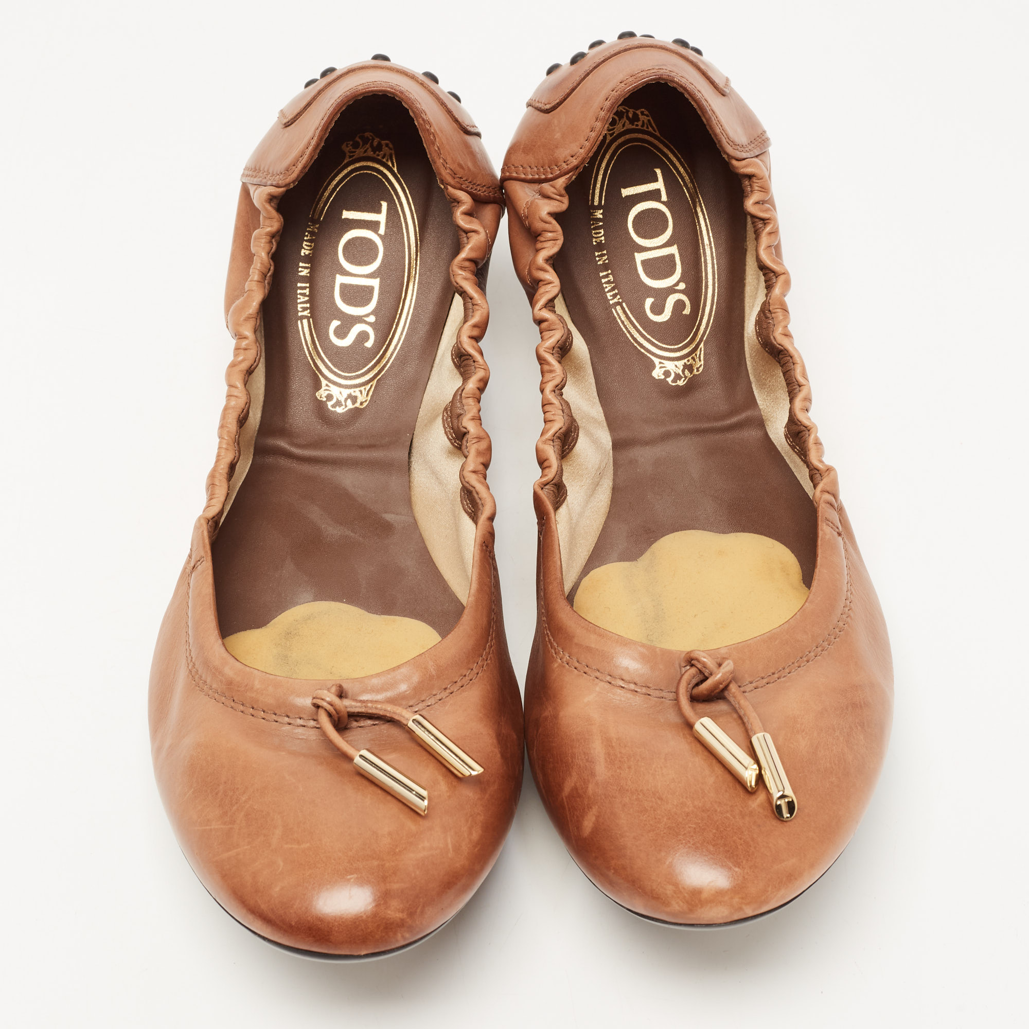 Tod's Brown Leather Bow Scrunch Ballet Flats Size 40