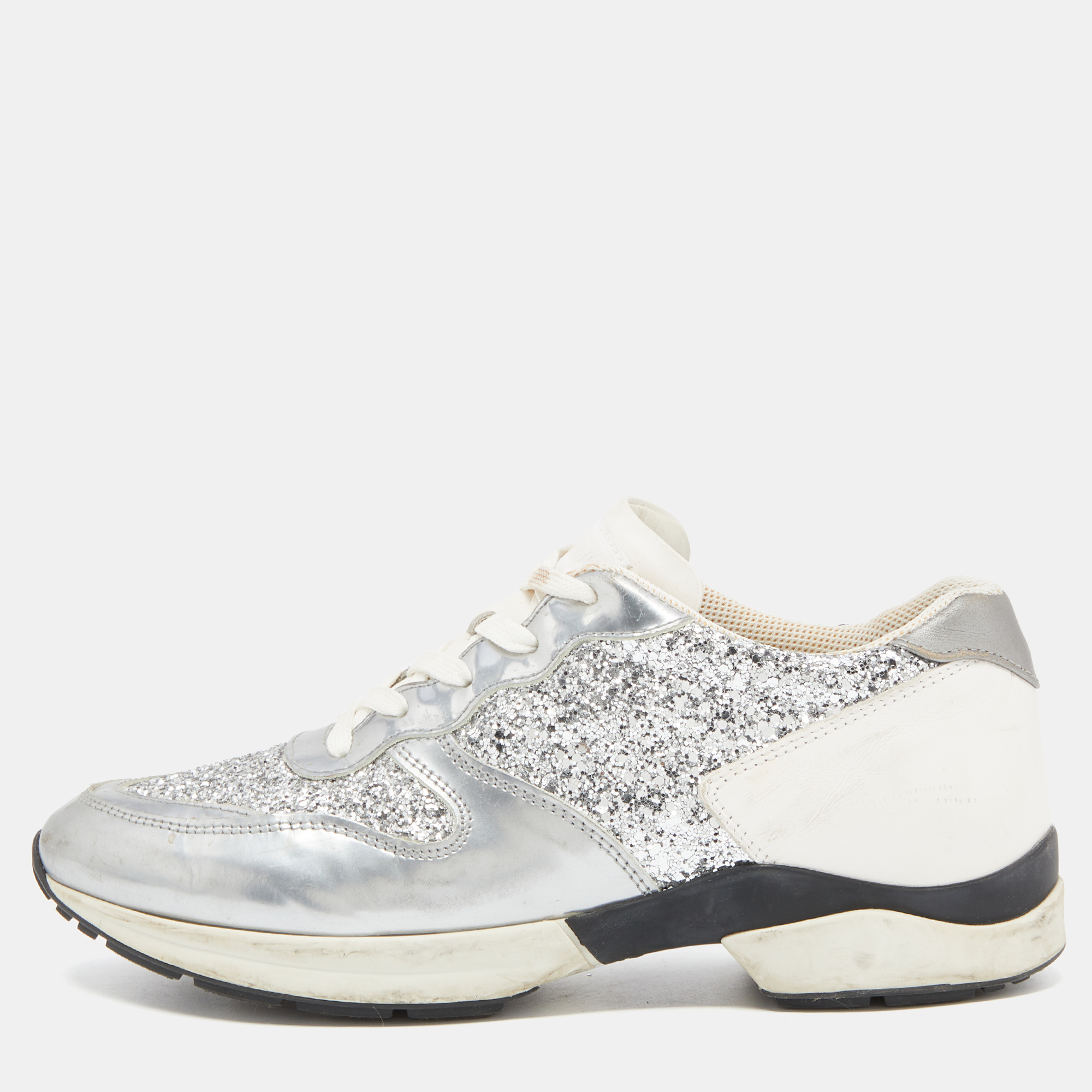 

Tod's Metallic Silver Glitter And Leather Sportivo Lace Up Sneakers Size