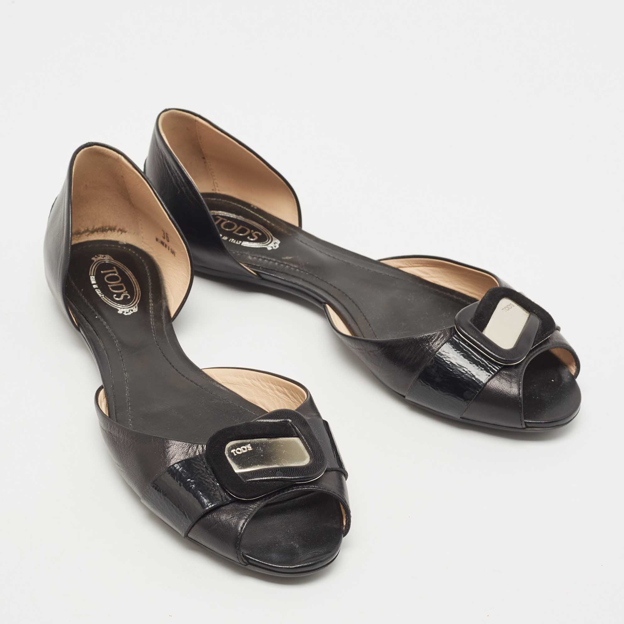 Tod's Black Leather Peep Toe D'orsay Flats Size 36