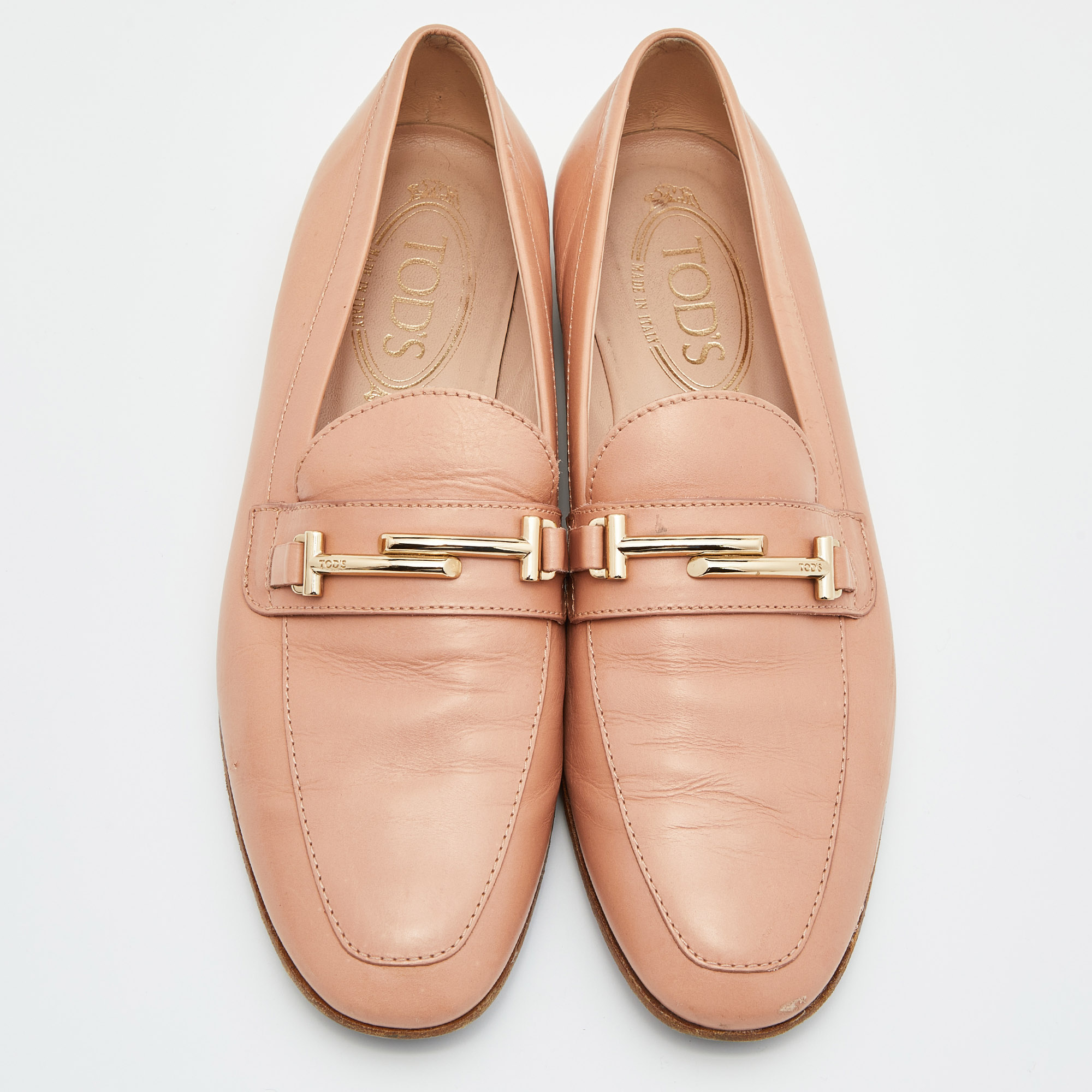 Tod's Peach Leather Double T Slip On Penny Loafers Size 37.5