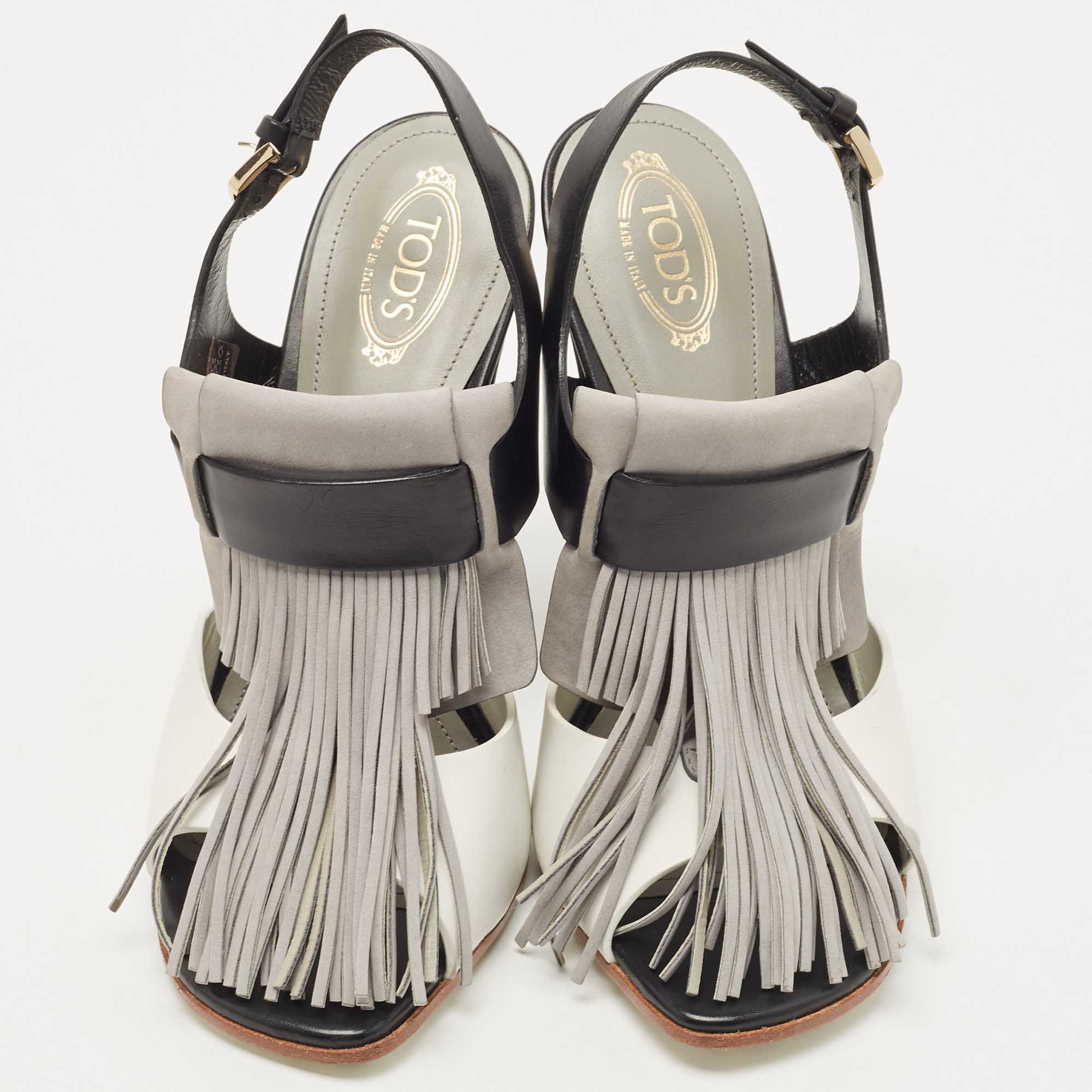 Tod's Tricolor Leather And Suede Fringe Detail Slingback Sandals Size 38