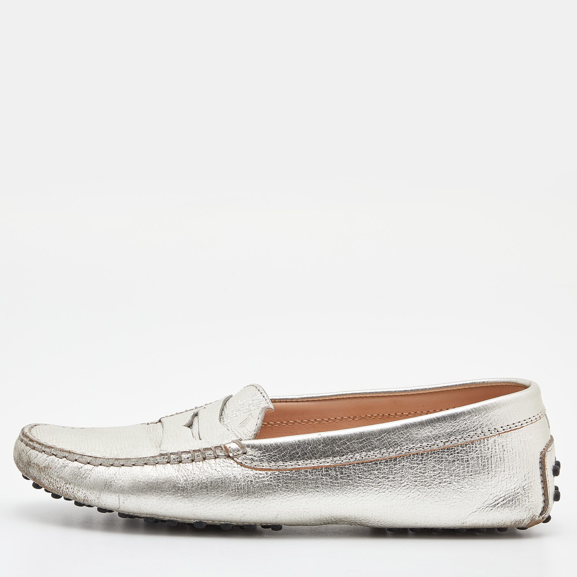 Tod's Metallic Silver Leather Gommino Slip On Loafers Size 39