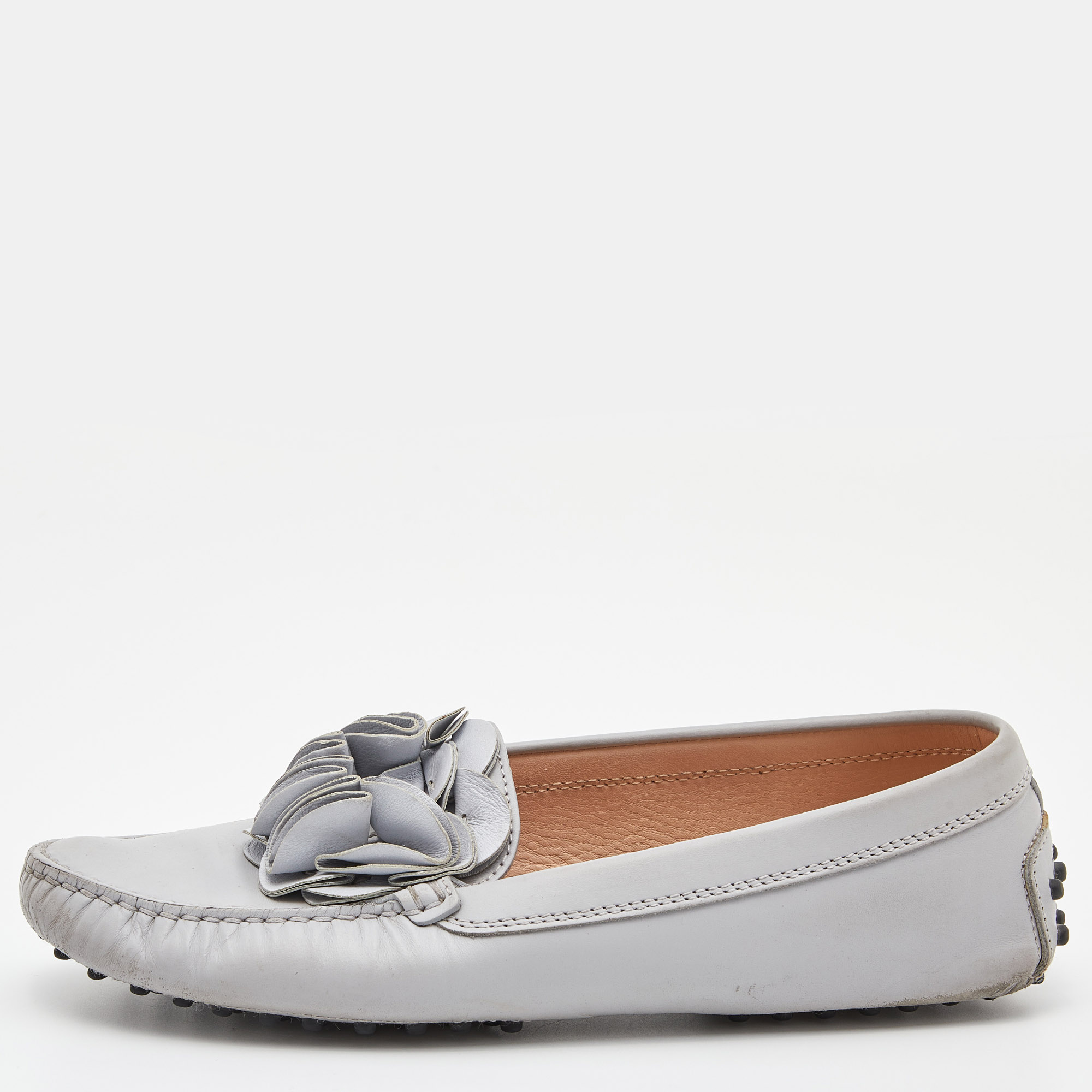 Tod's Grey Leather Flower Gommini Slip On Loafers Size 39