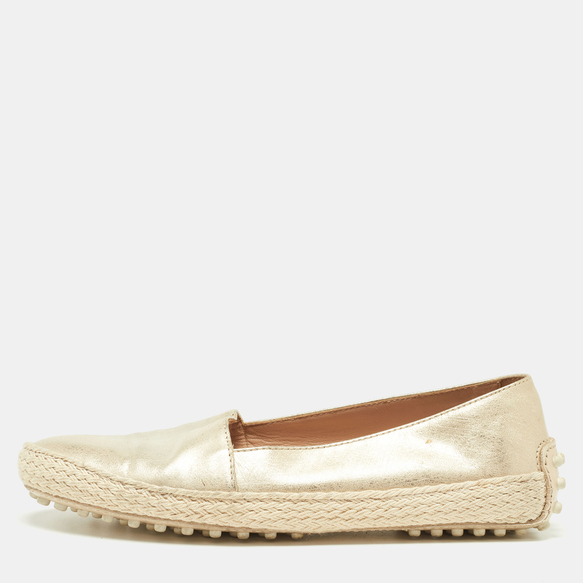 Tod's Metallic Gold Leather Pantofola Espadrille Slip On Sneakers Size 35