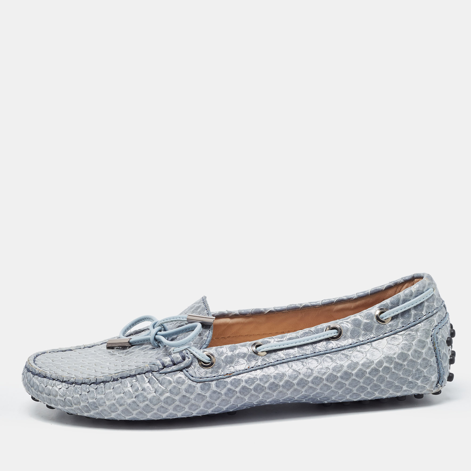 Tod's Grey  Python Leather Bow Detail  Gommino Slip On Loafers Size 37