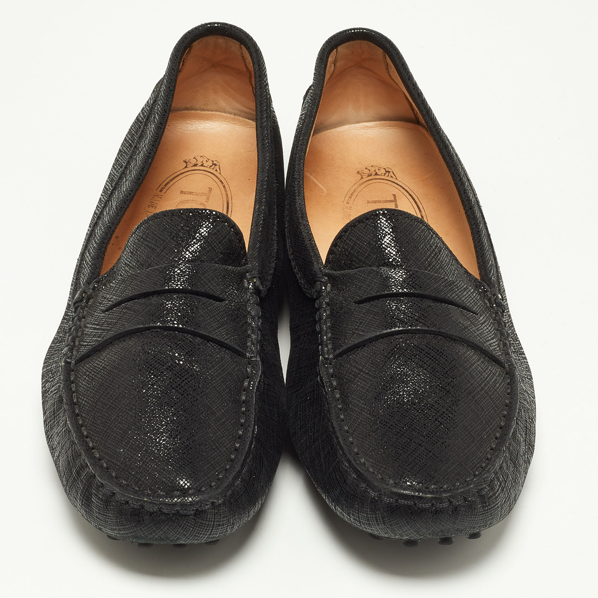 Tod's Black Laminated Suede Penny Loafers Size 35