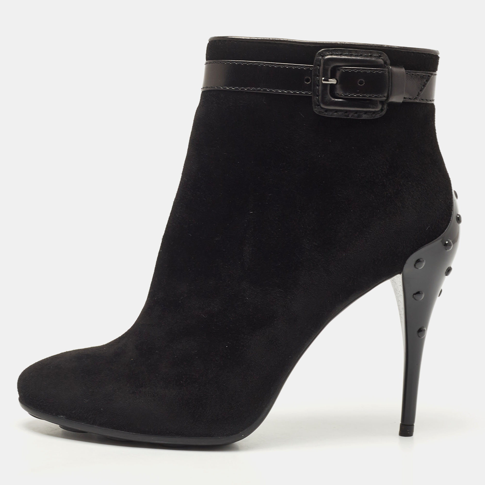 Tod's Black Suede And Leather Buckle Detail Ankle Booties Size 37.5