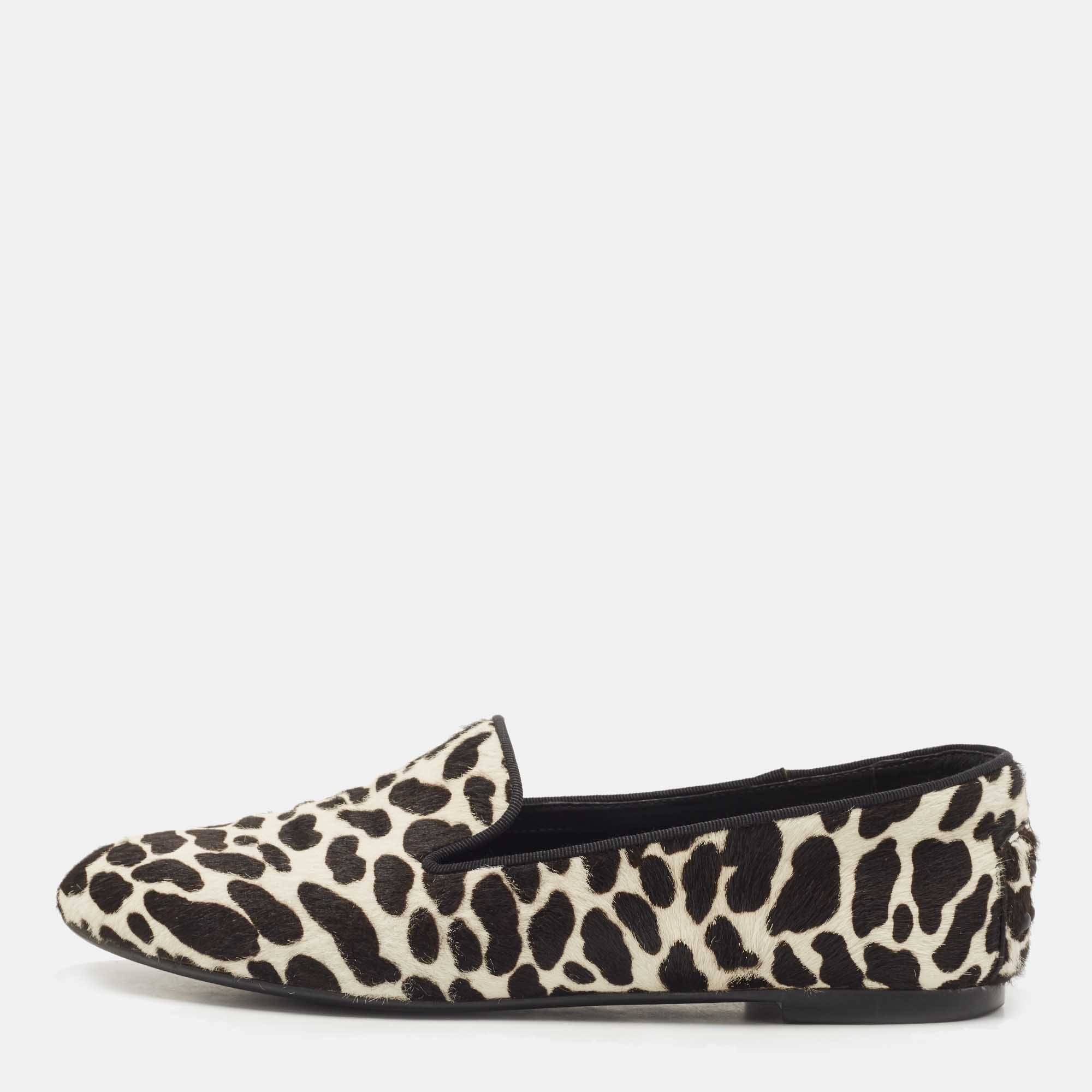 Tod's black/white leopard print calf hair smoking slippers size 36.5