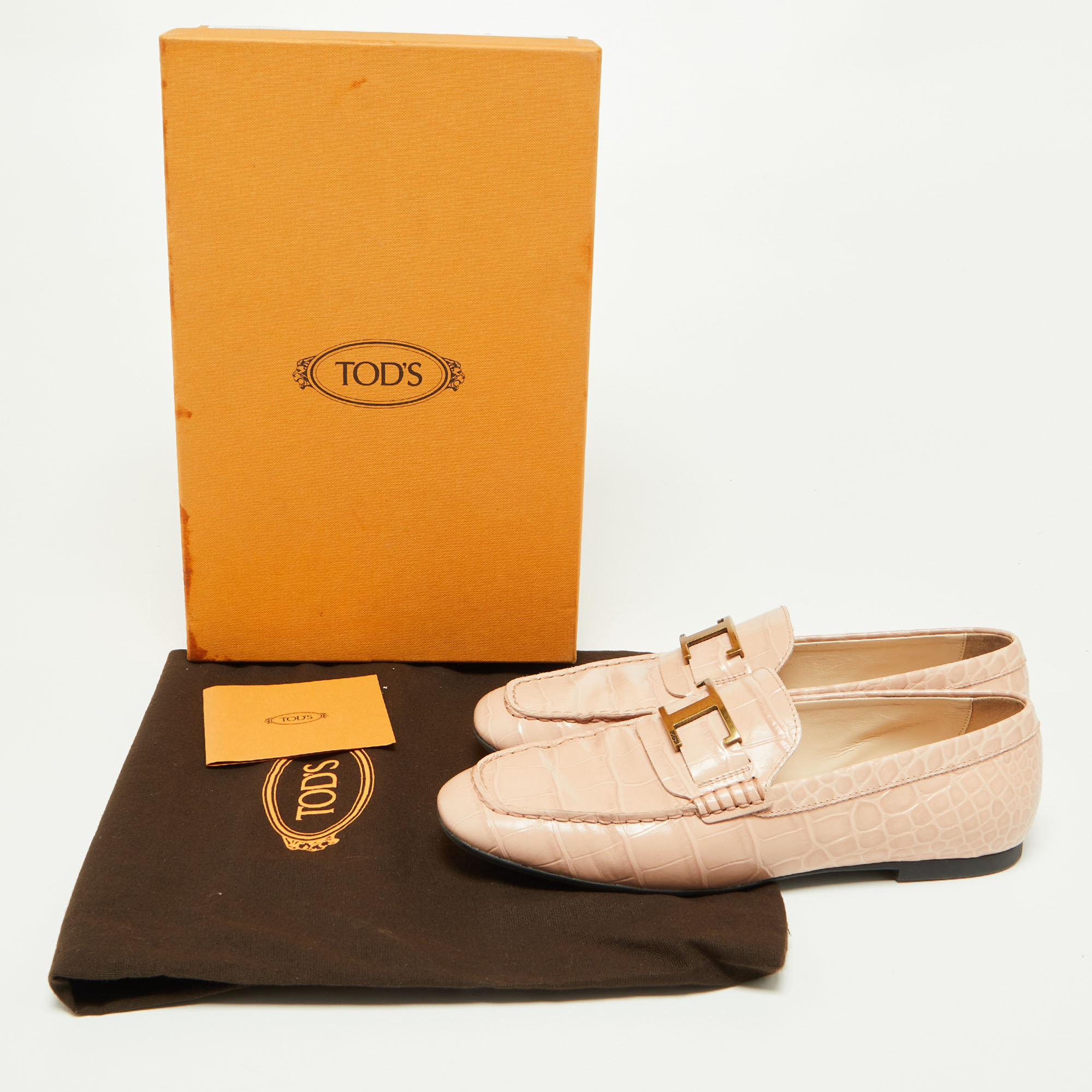 Tod's Pink Croc Embossed Leather T-Logo Slip On Loafers Size 37