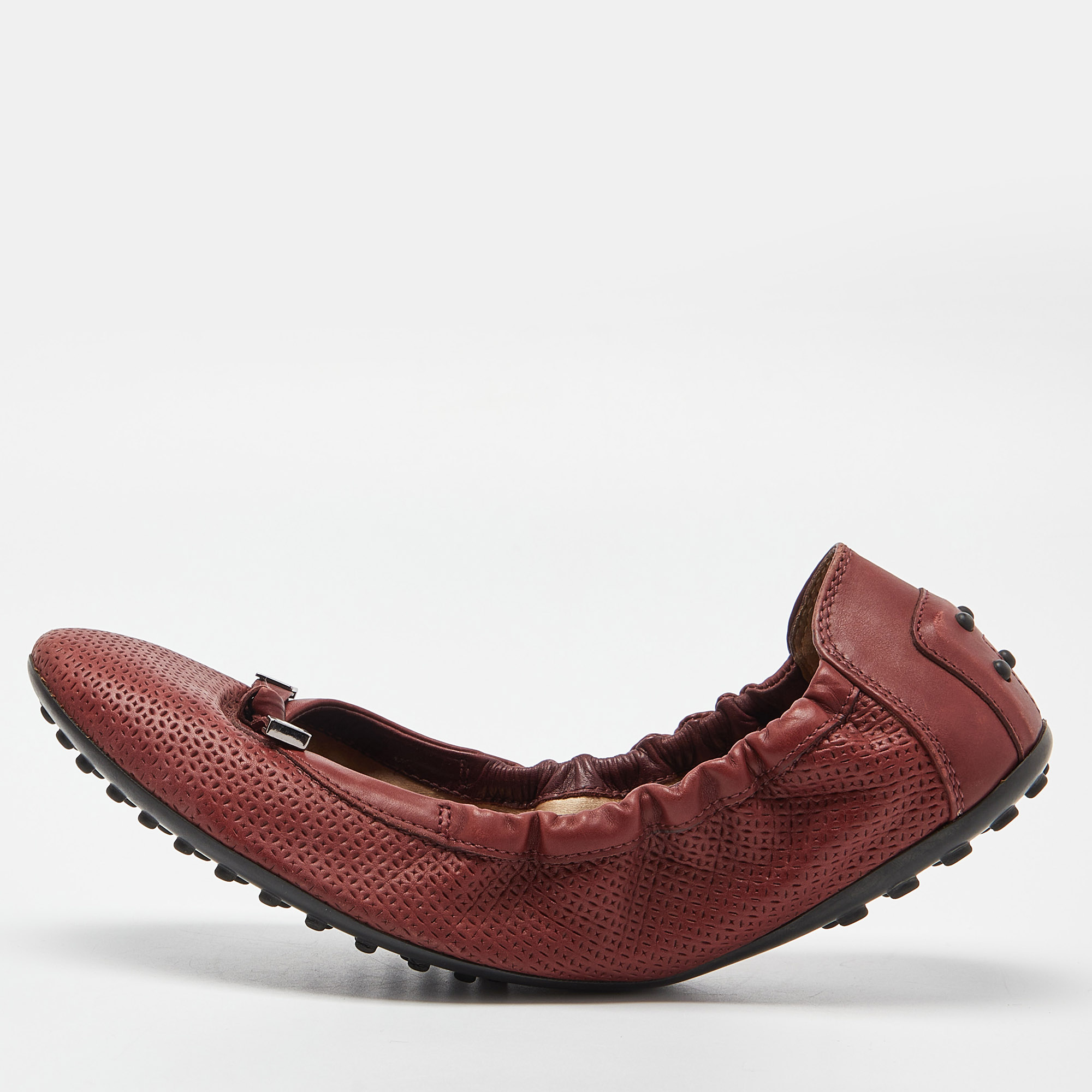 Tod's Burgundy Leather Bow Scrunch Ballet Flats 41