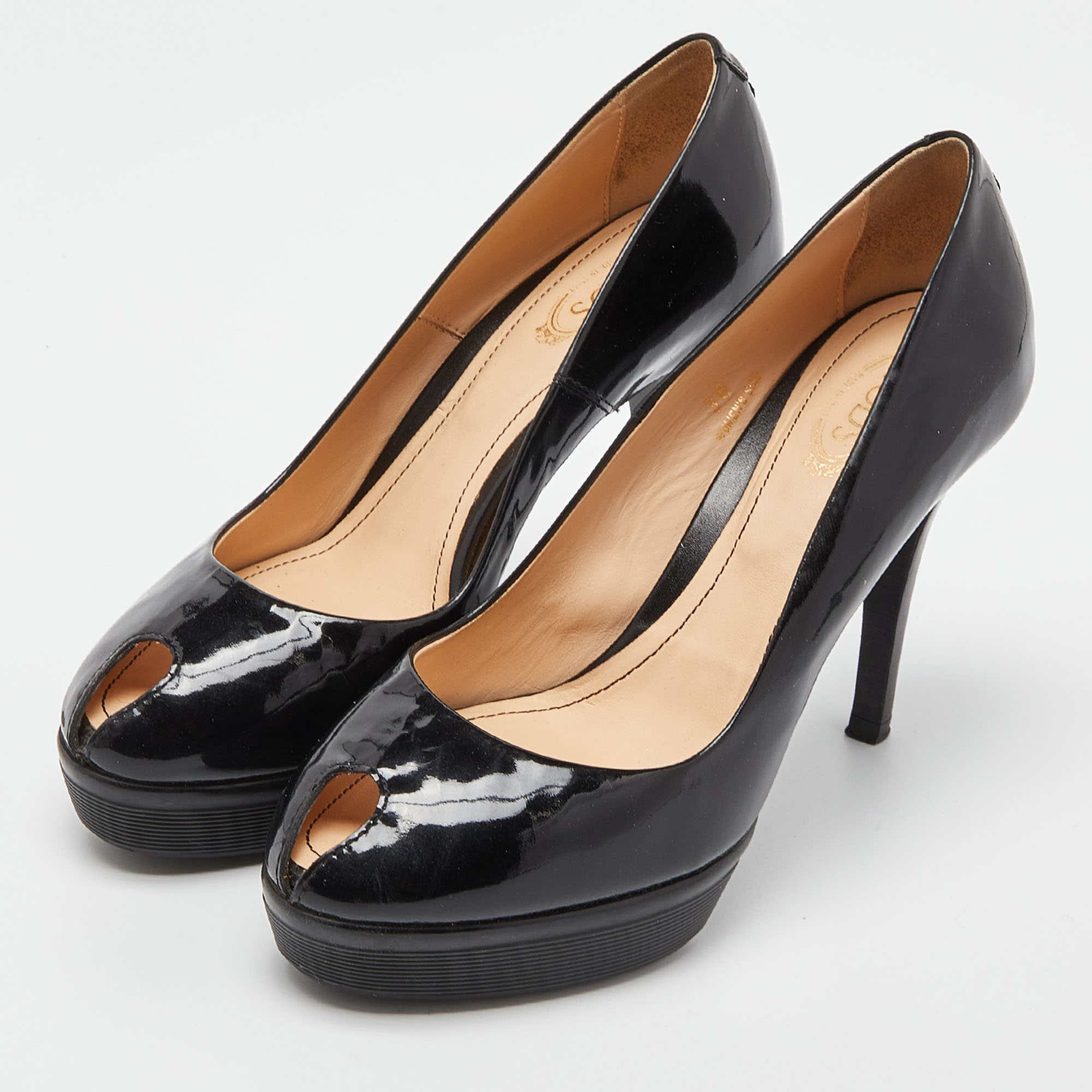 Tod's Black Patent Leather Peep Toe Pumps Size 36