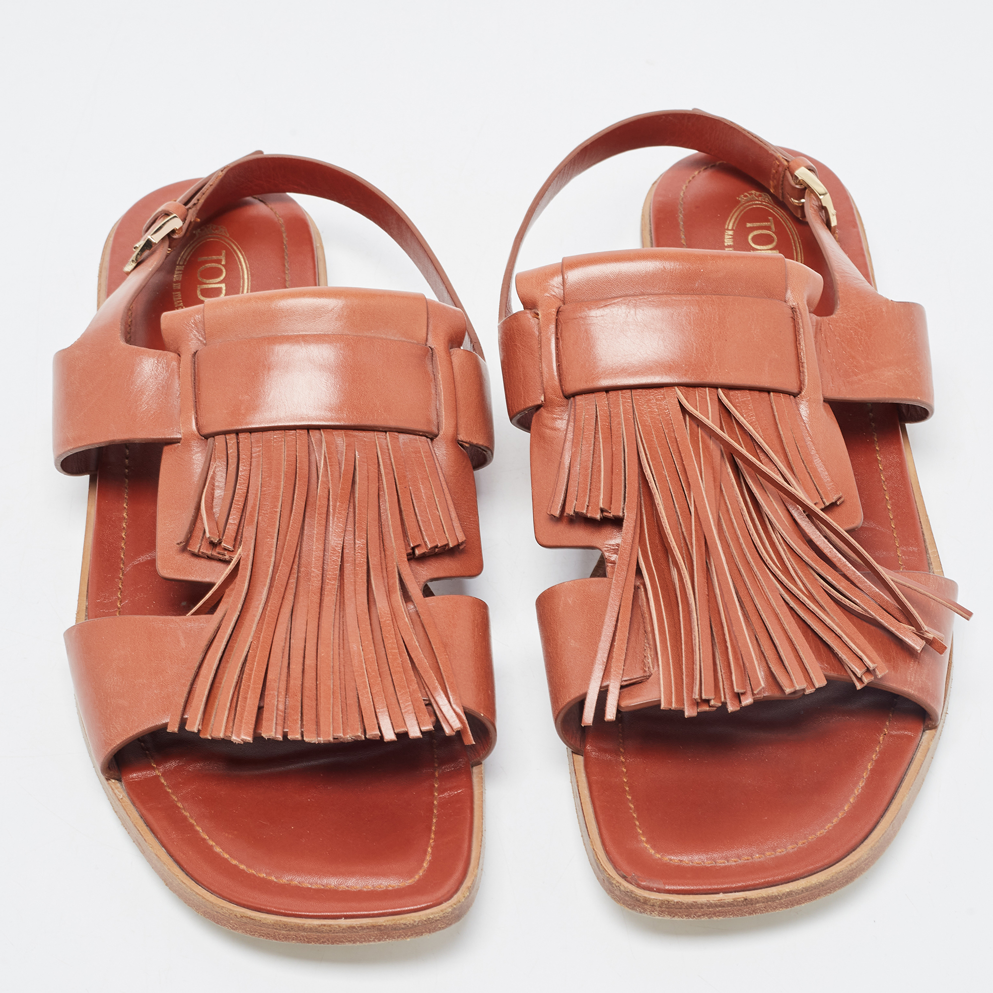 Tod's Brown Leather Fringe Trim Accent Gladiator Sandals Size 40