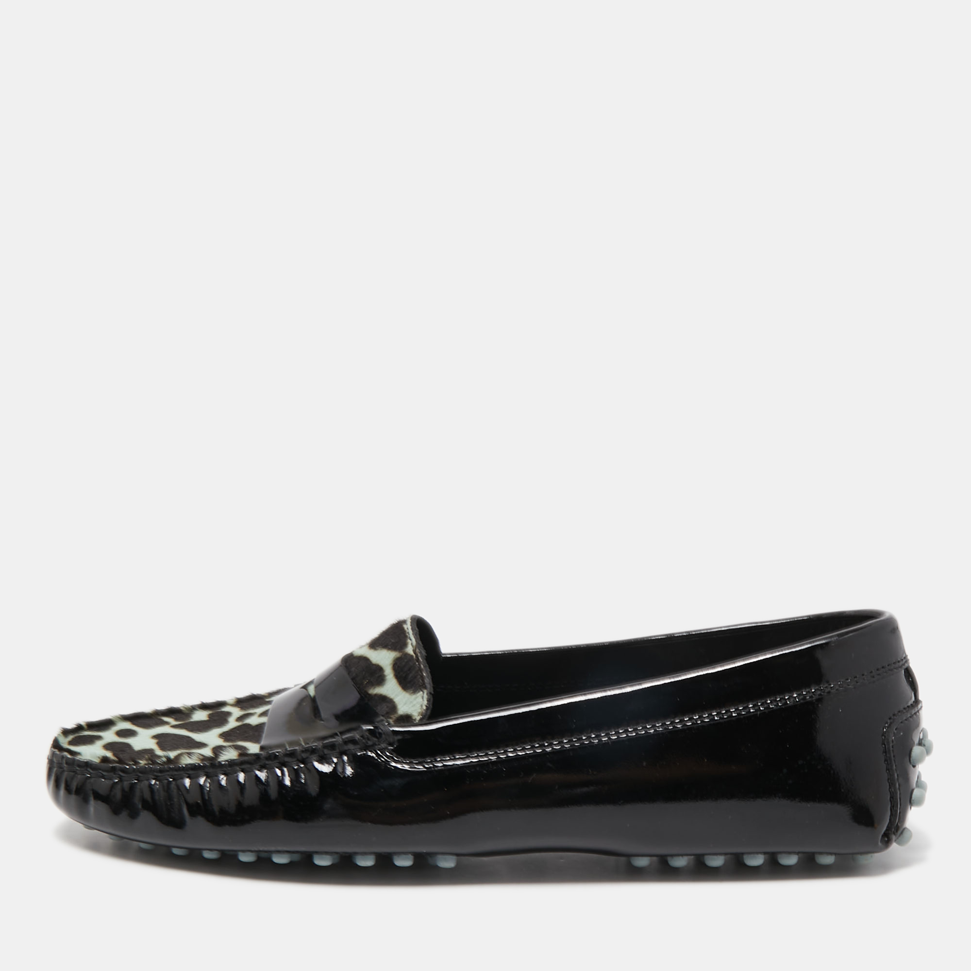 Tod's Black Patent Leather And Calf Hair Gommino Penny Loafers Size 39