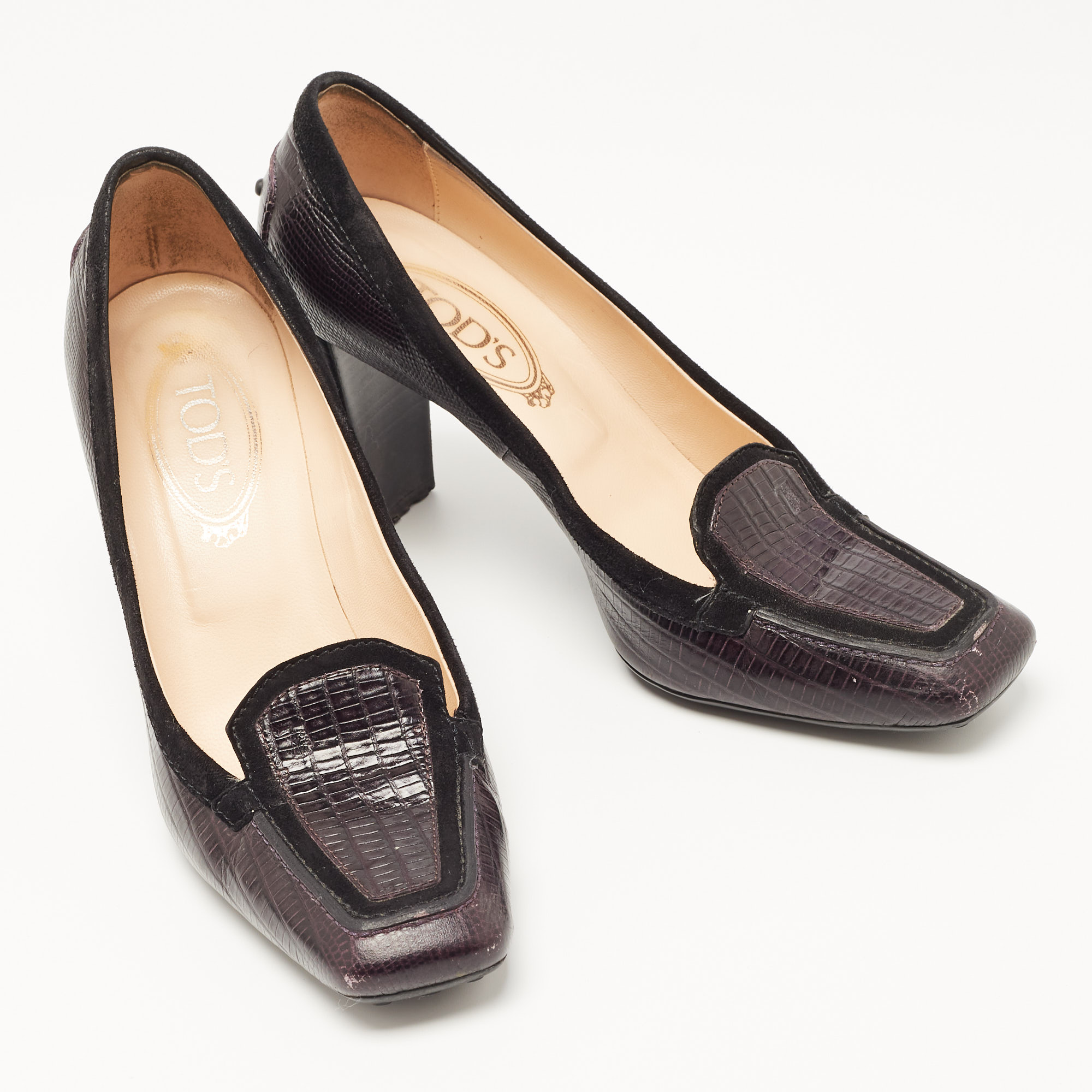 Tod's Dark Purple Lizard Embossed Leather Loafer Pumps Size 38
