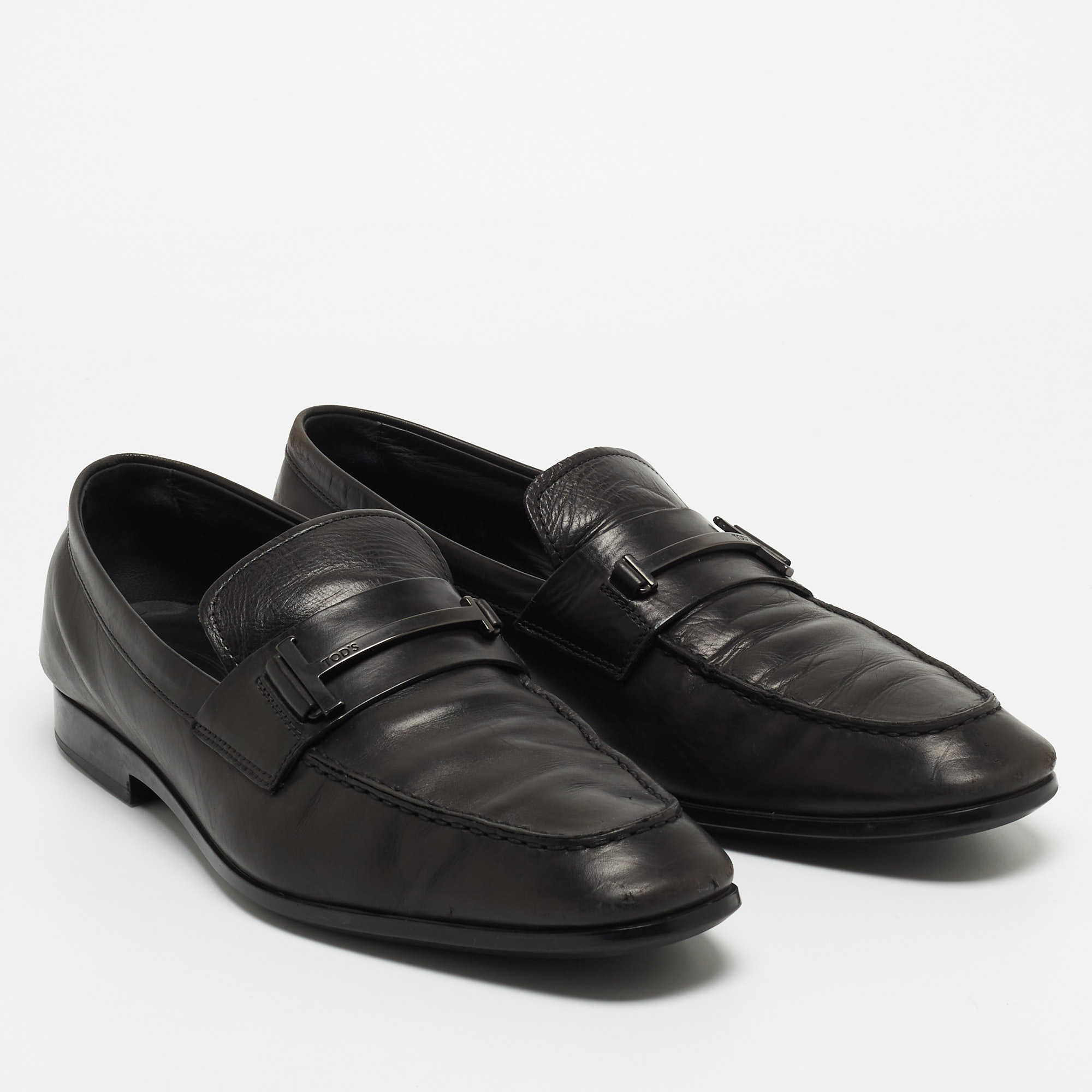 Tod's Black Leather Double T Slip On Loafers Size 43