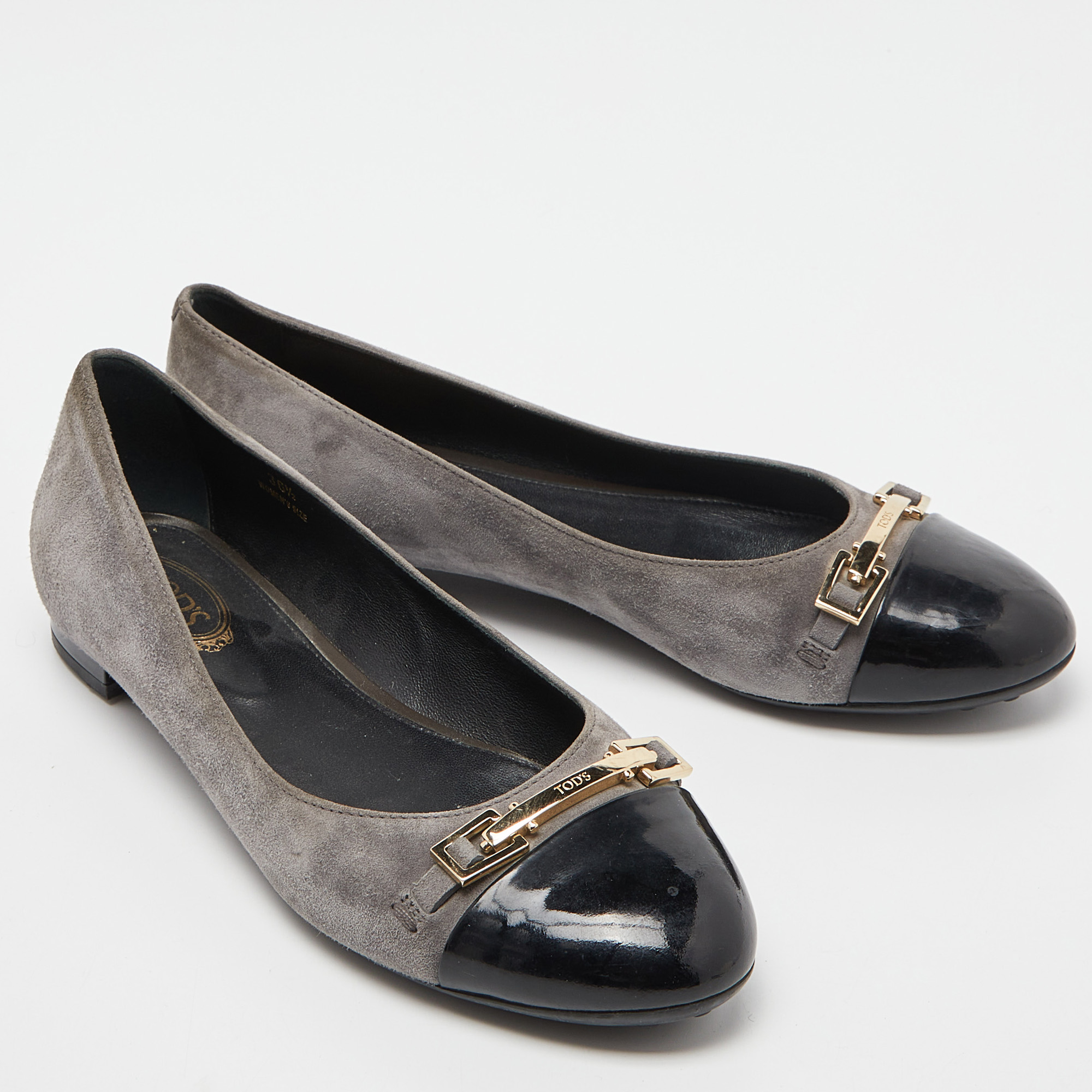 Tod’s Grey/Black Suede And Patent Leather Buckle Detail Ballet Flats Size 36.5