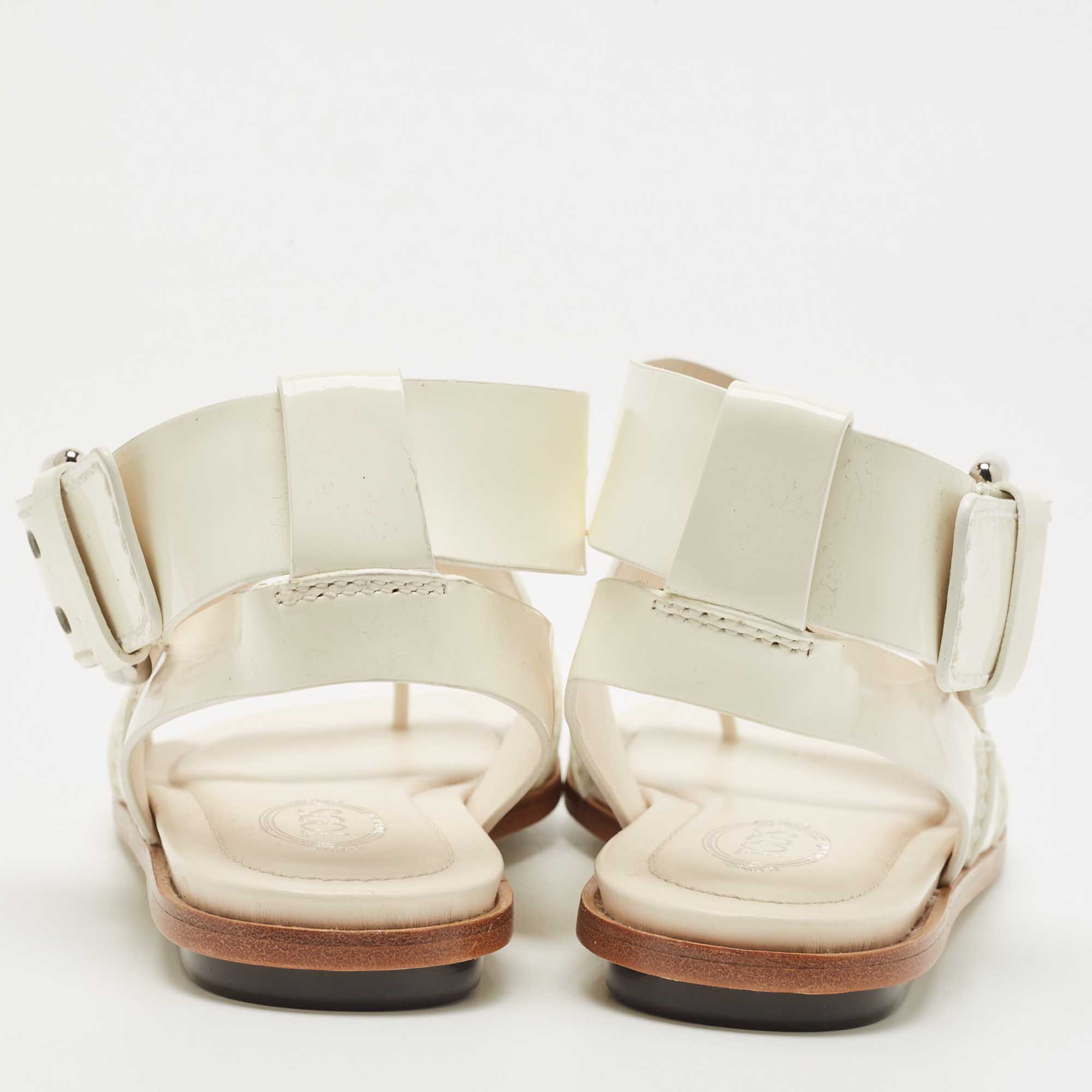 Tod's  Cream Patent Leather Cross Strap Flat Sandals Size 36.5