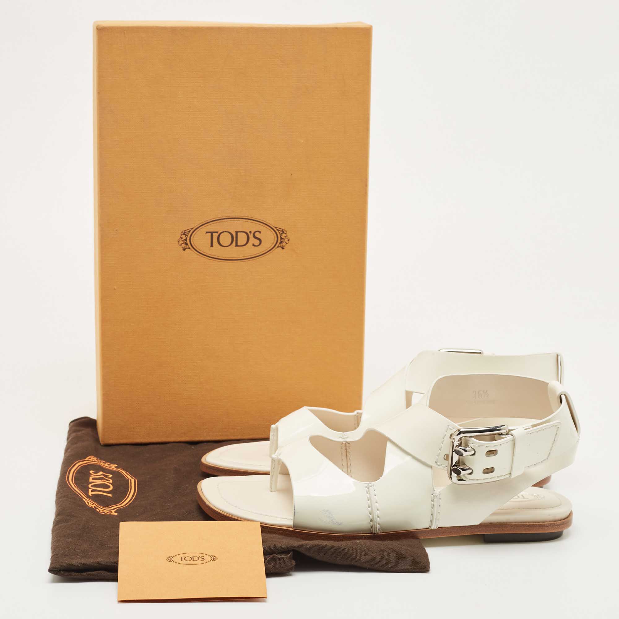 Tod's  Cream Patent Leather Cross Strap Flat Sandals Size 36.5