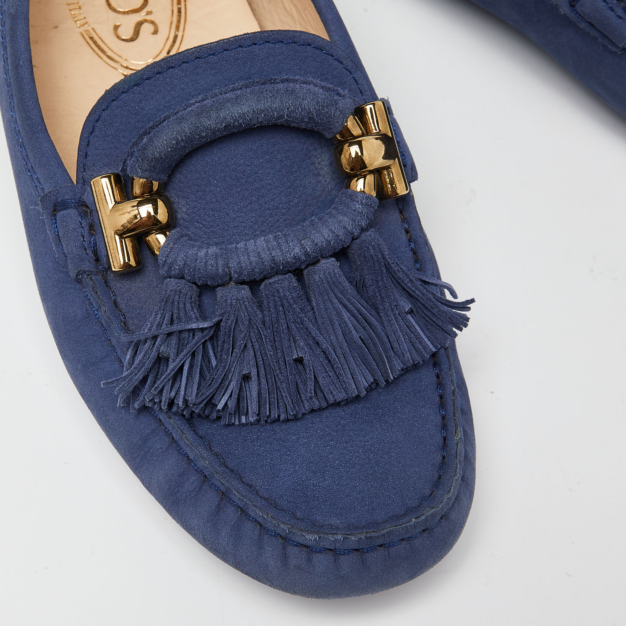 Tod's Blue Suede Fringe Slip On Loafers Size 35