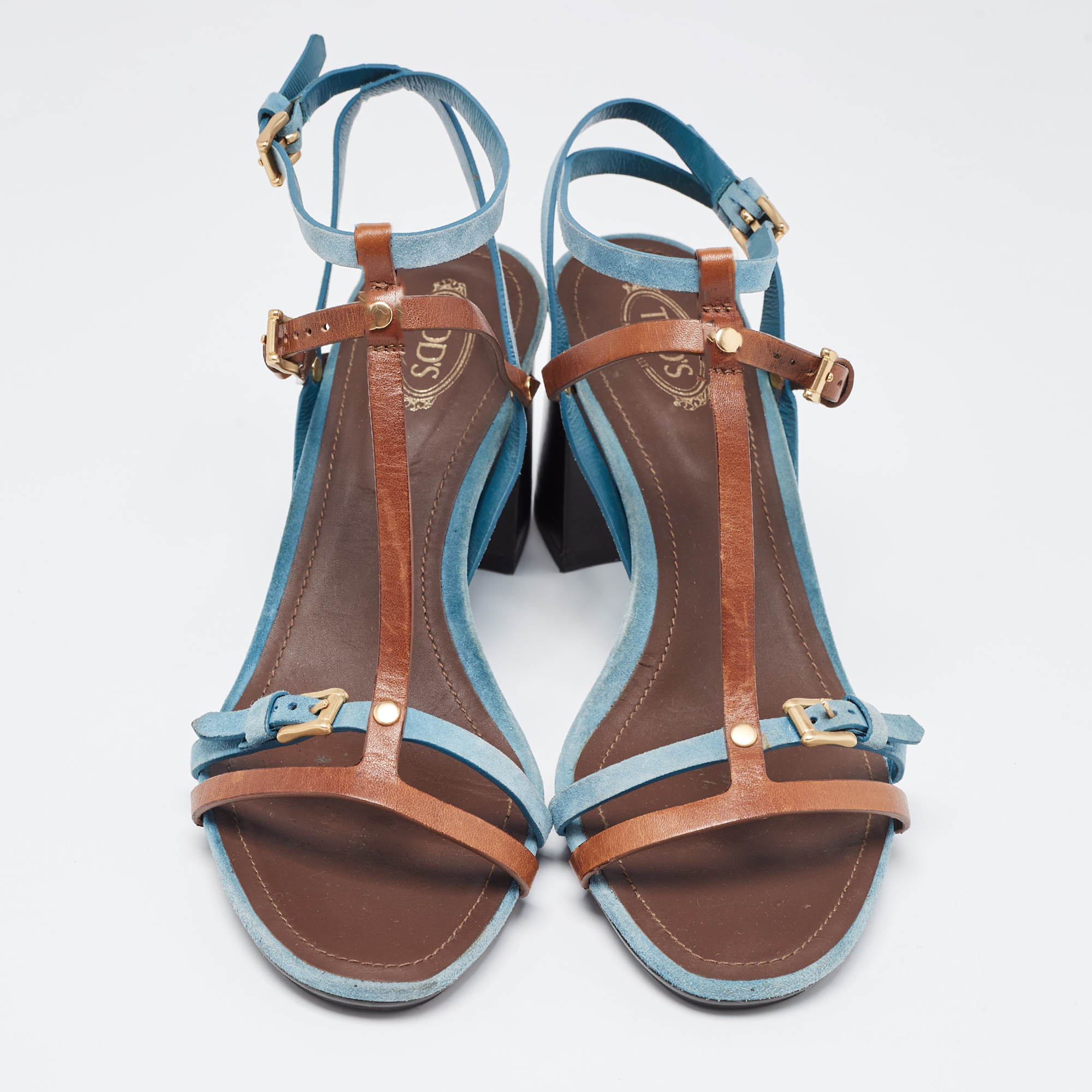 Tod's Blue/Brown Leather And Suede Buckle Cross Strap Sandals Size 39