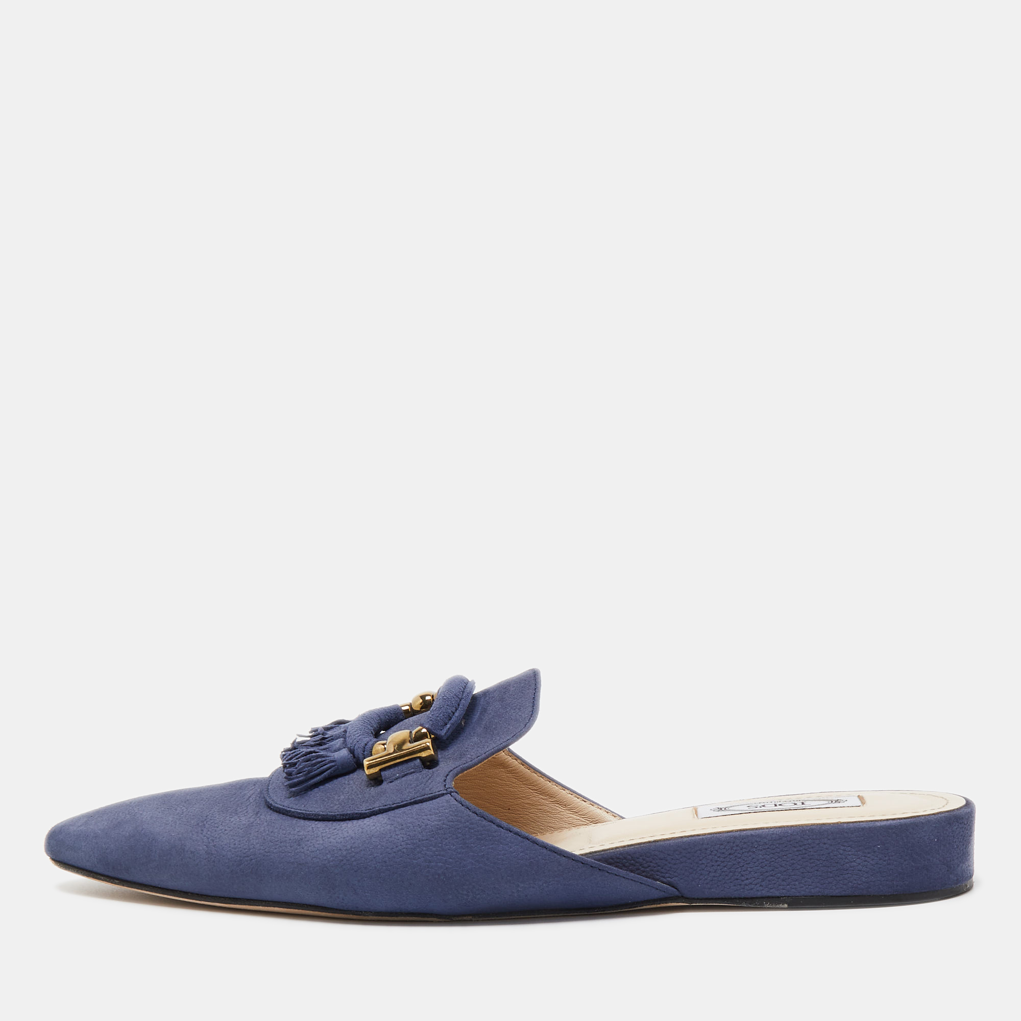 Tod's Blue Leather Tassel Detail Mules Size 40