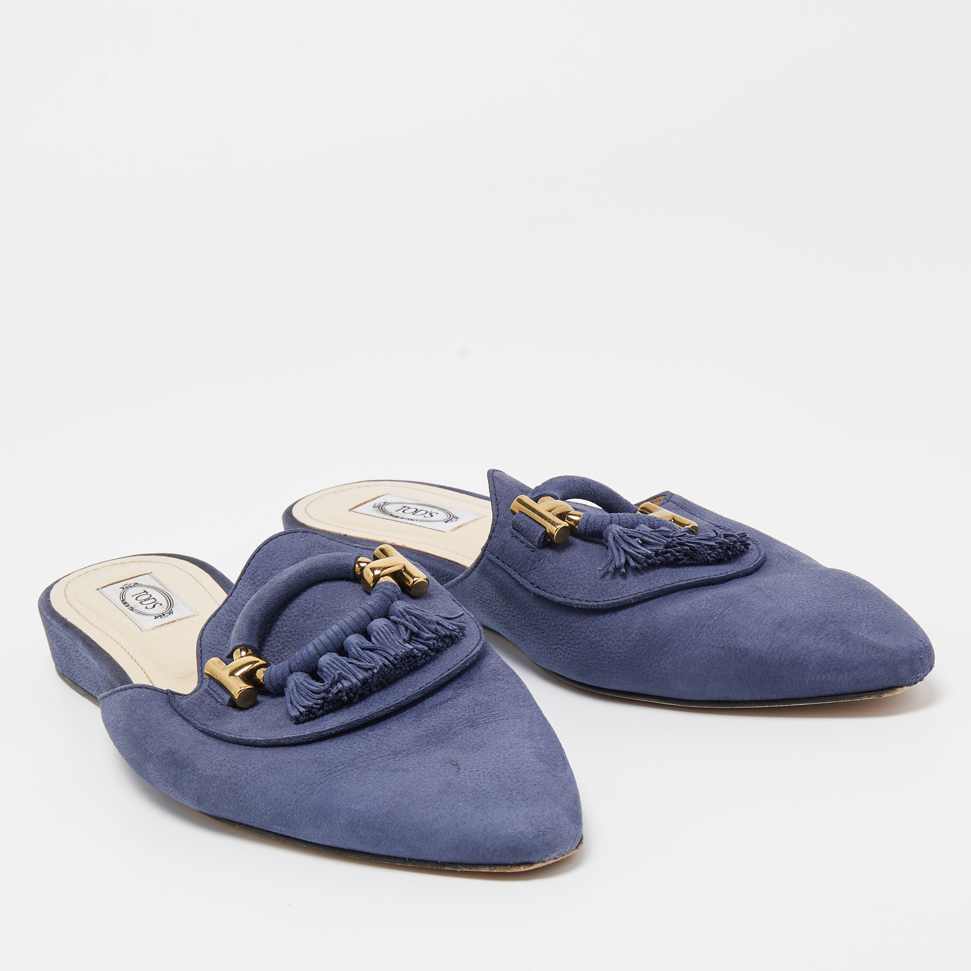 Tod's Blue Leather Tassel Detail Mules Size 40