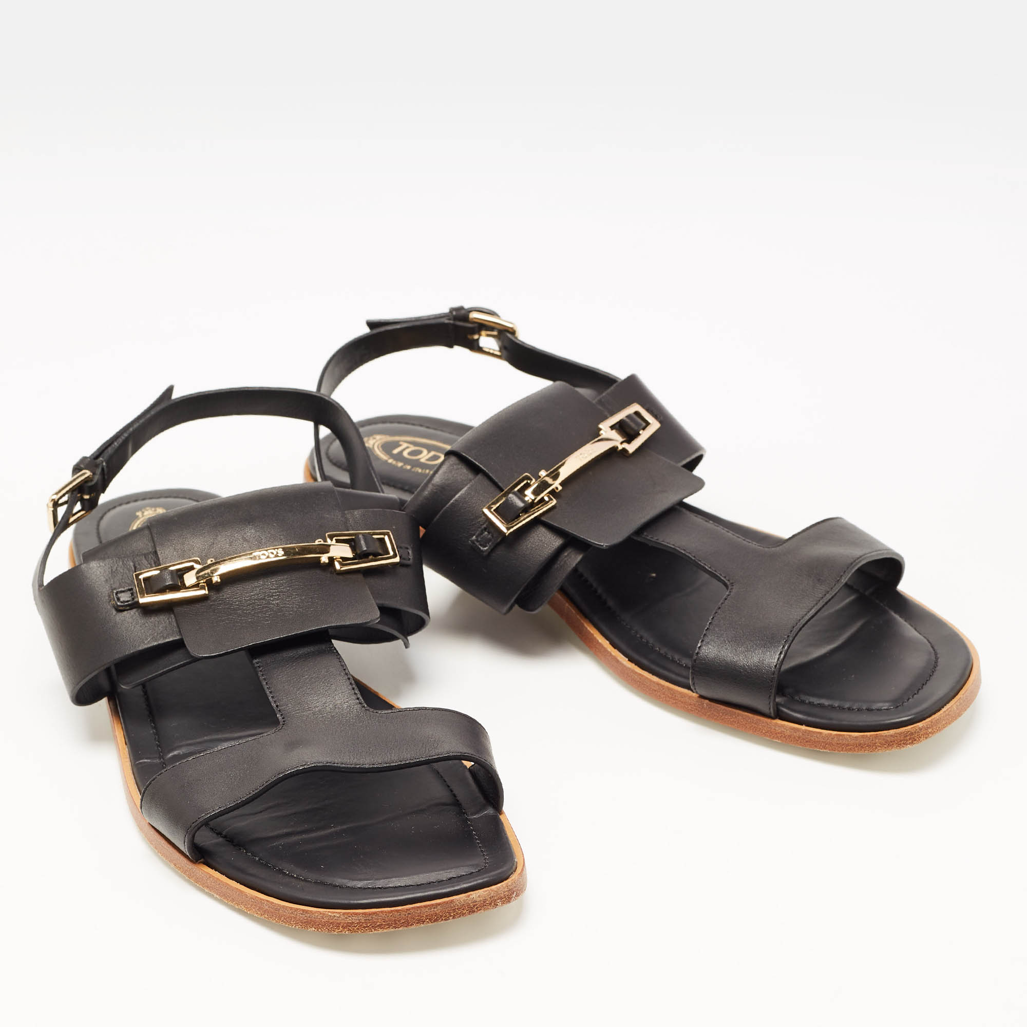 Tod's Black Leather Double Strap Horsebit Sandals Size 40