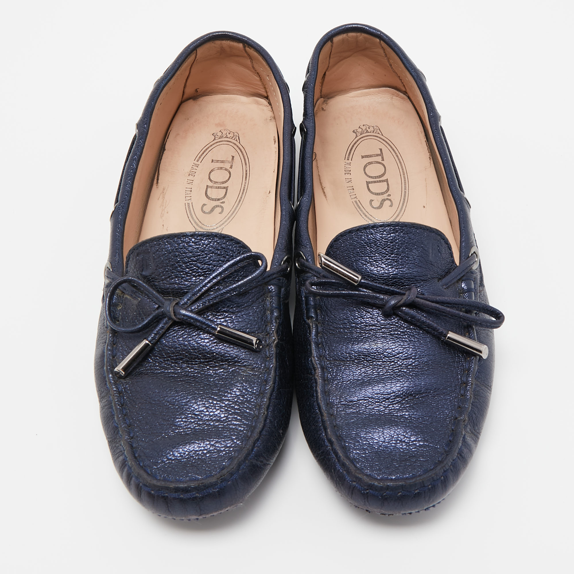 Tod's Blue Leather Gommino Bow Slip On Loafers Size 36.5