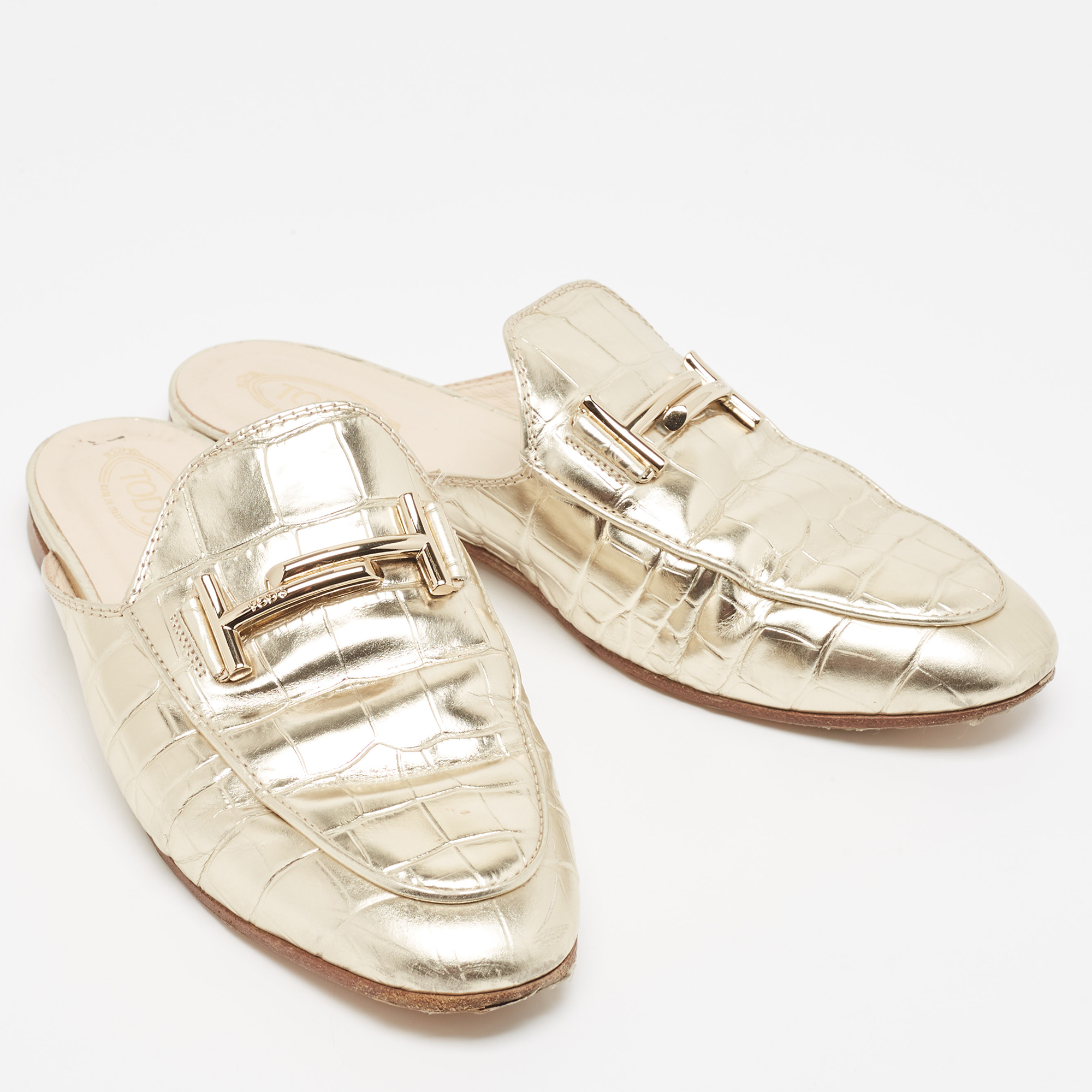Tod's Metallic Gold Croc Embossed Leather Double T Mules Size 38