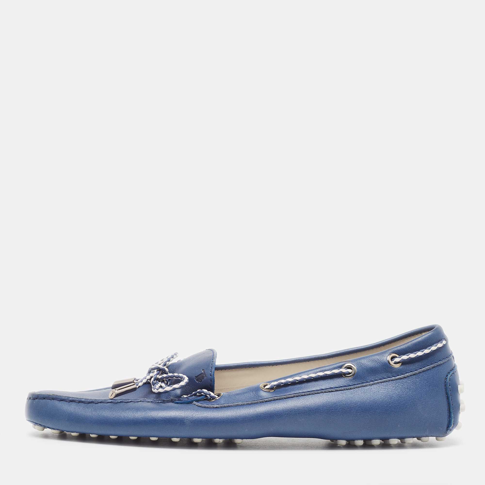 Tod's Blue Leather Bow Slip On Loafers Size 41