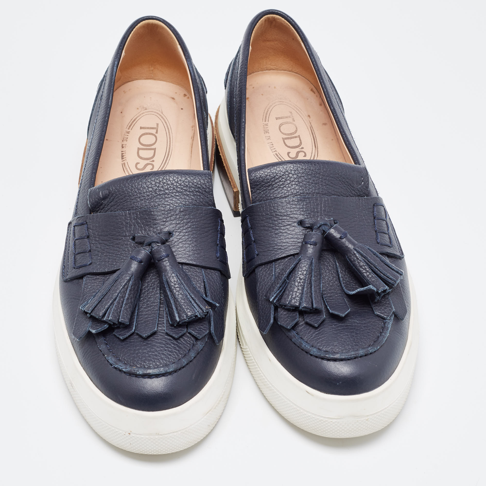 Tod's Navy Blue Leather Fringe Tassel Loafers Size 39.5
