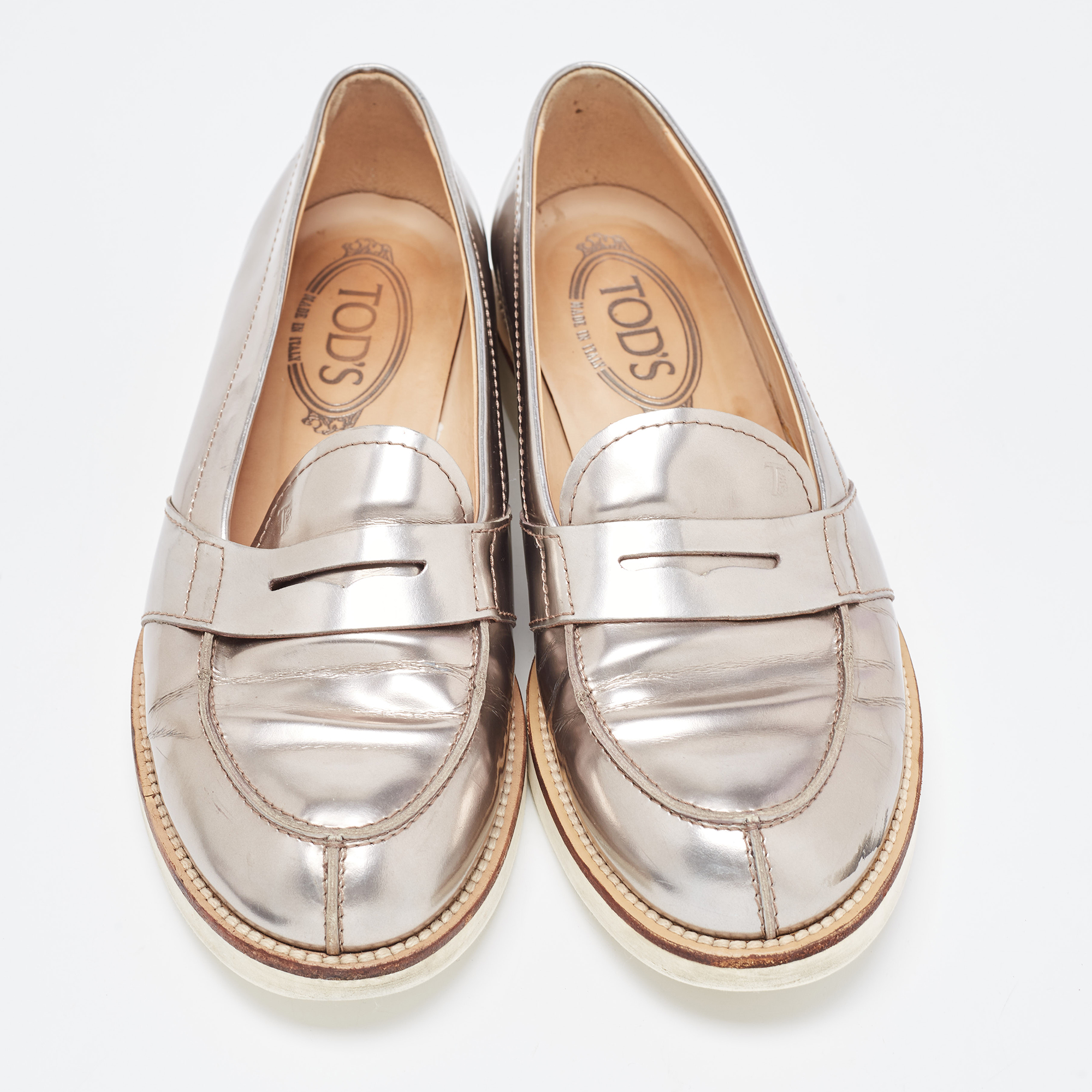 Tod's Metallic Silver Leather Penny Loafers Size 37