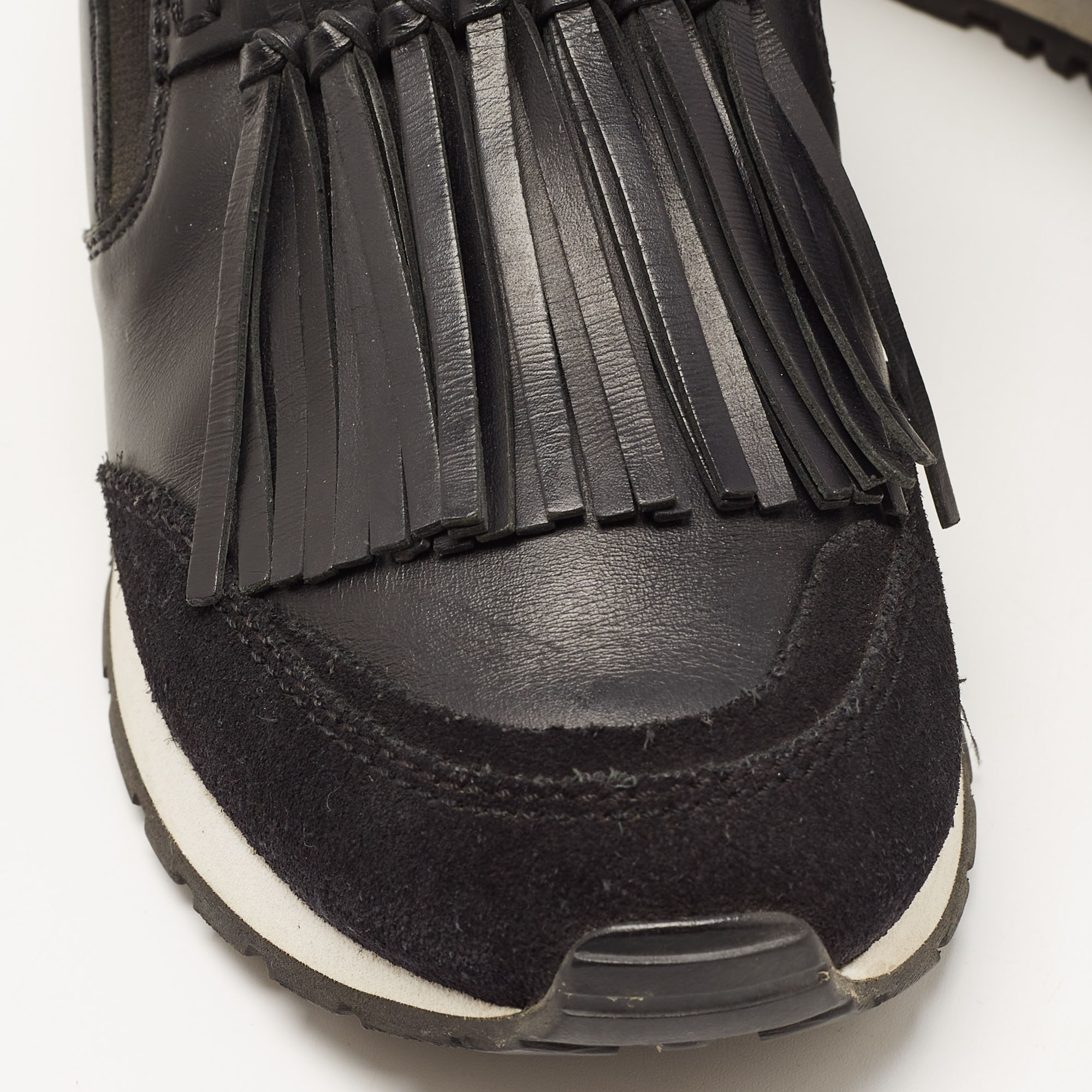 Tod's Black Suede And Leather Fringe Detail Slip On Sneakers Size 35.5