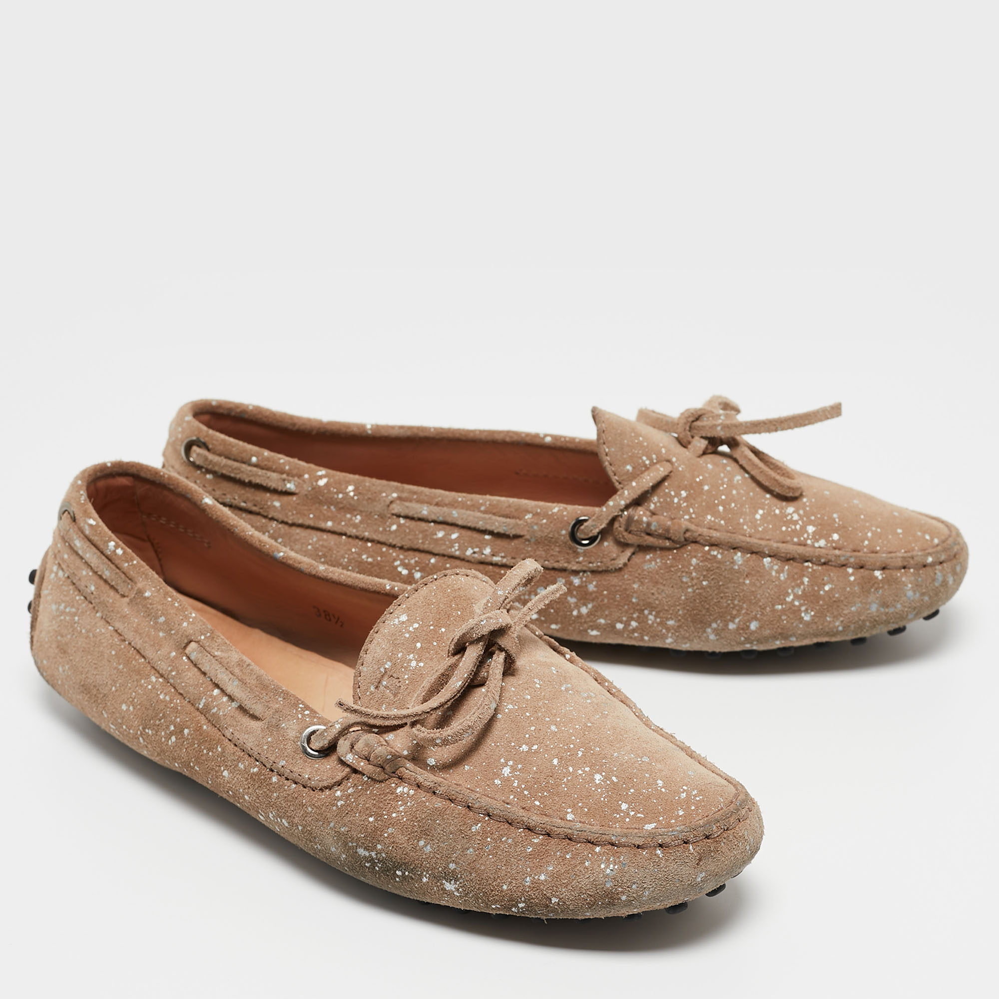 Tod's Beige Suede And Silver Paint Spot Bow Loafers Size 38.5