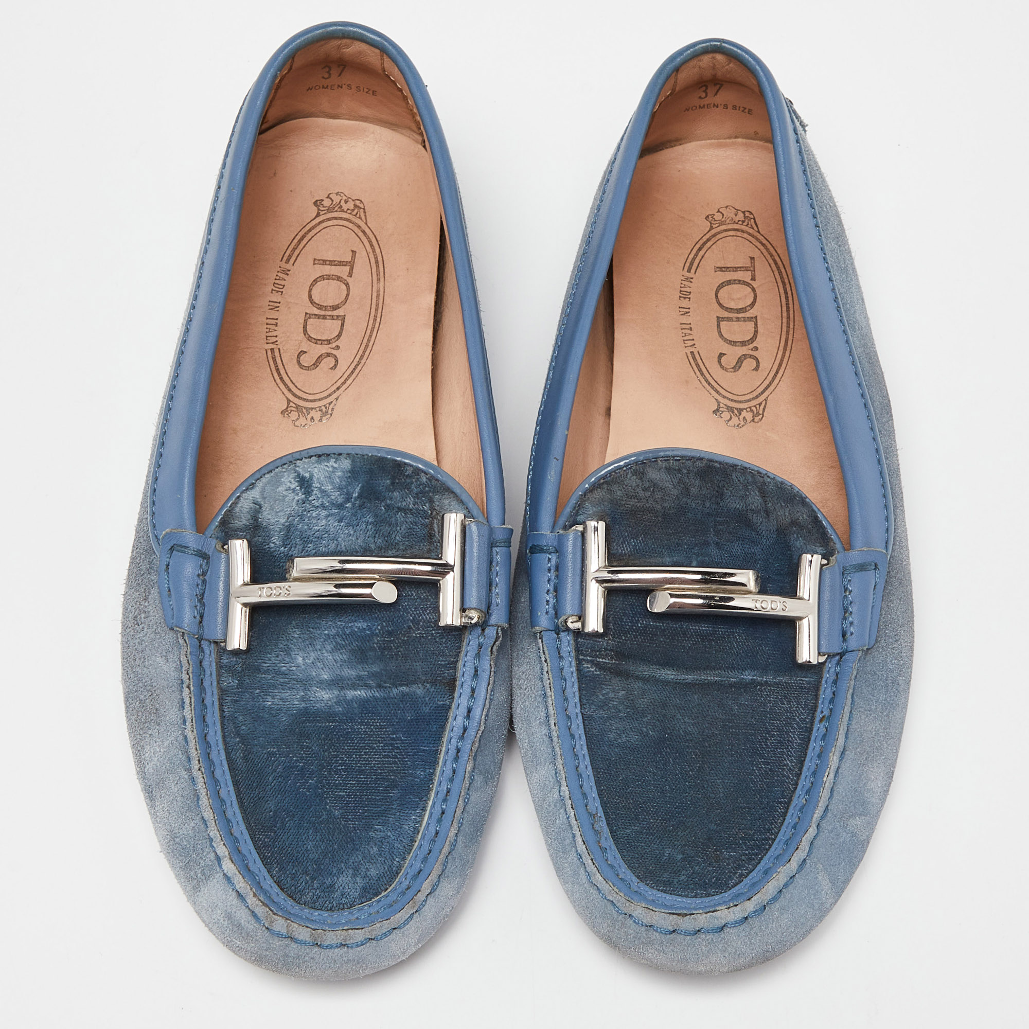 Tod's Blue Velvet, Suede And Leather Double T Gommino Driving Loafers Size 37