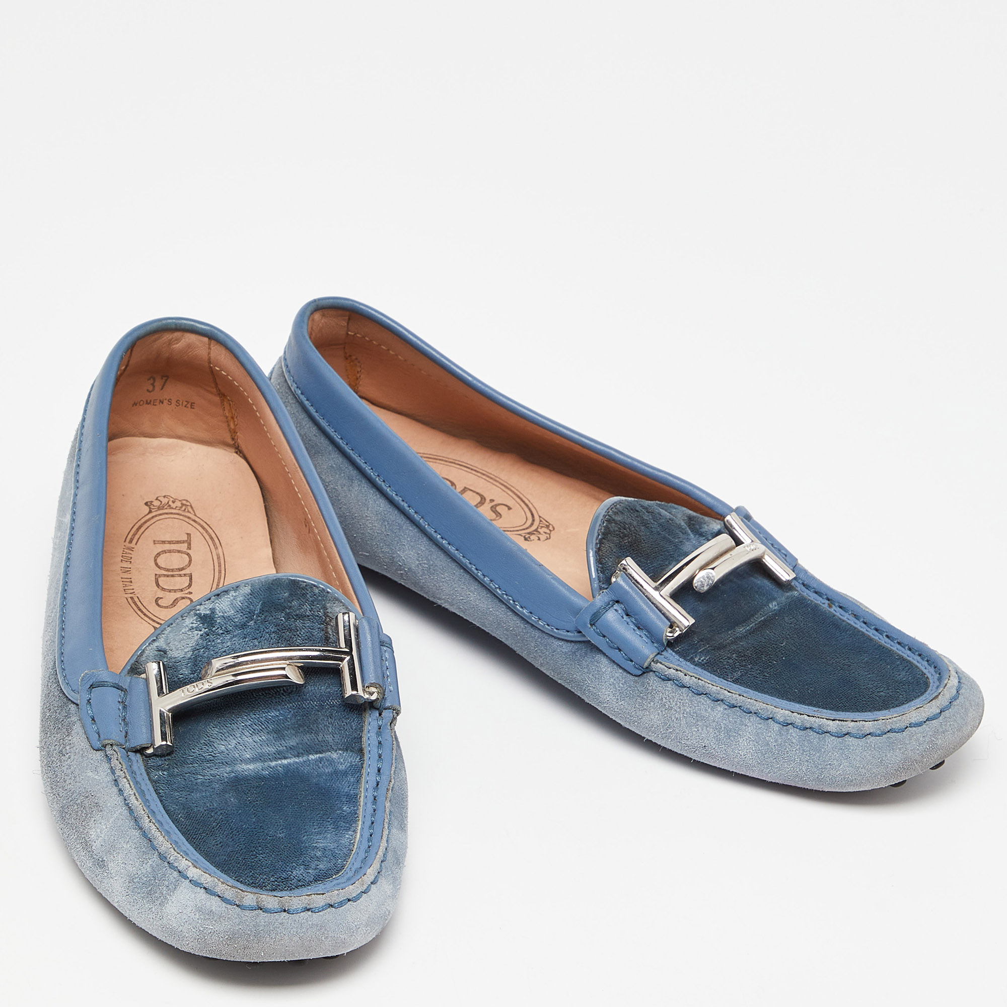 Tod's Blue Velvet, Suede And Leather Double T Gommino Driving Loafers Size 37