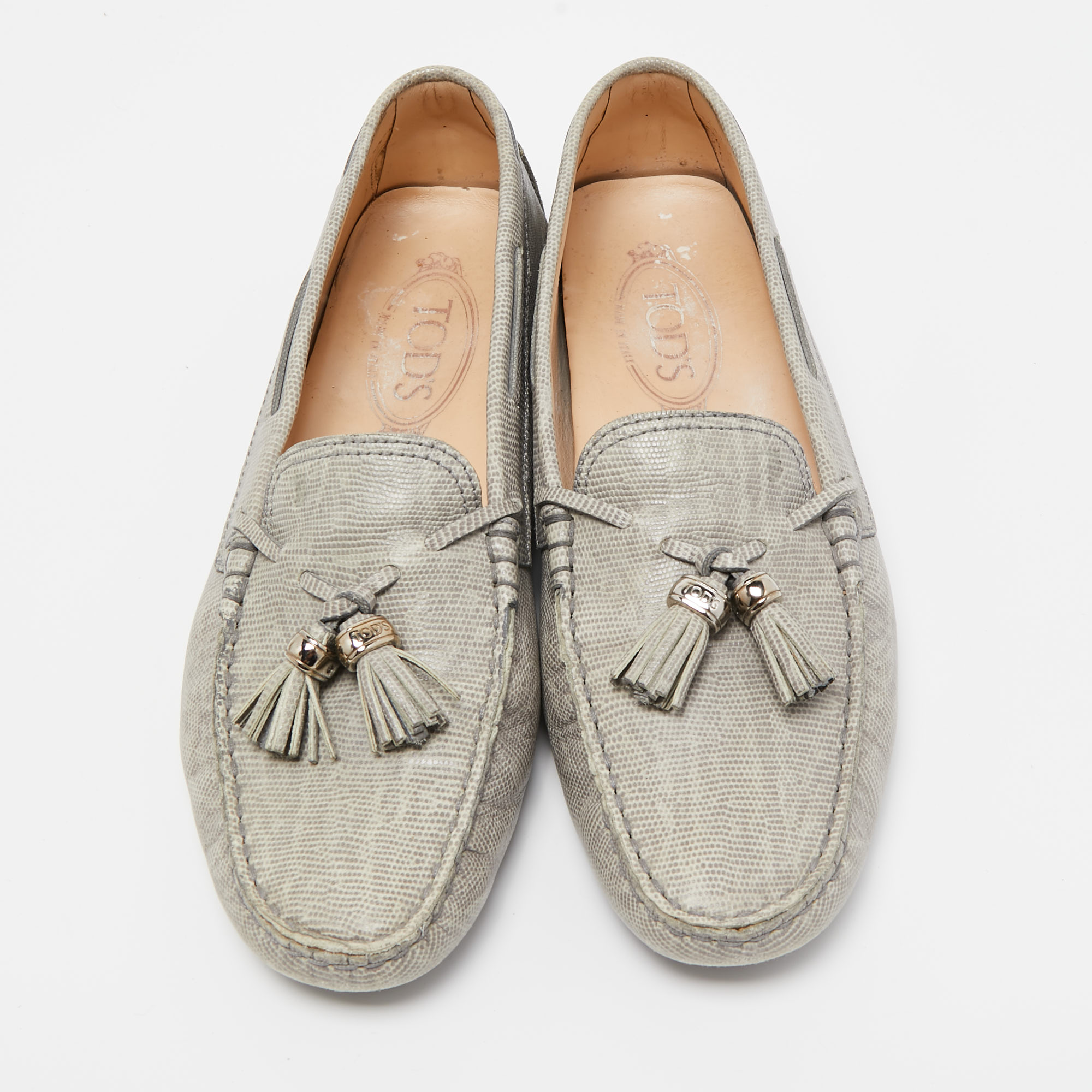 Tod's Grey Lizard Embossed Bow Slip On Loafers Size 39