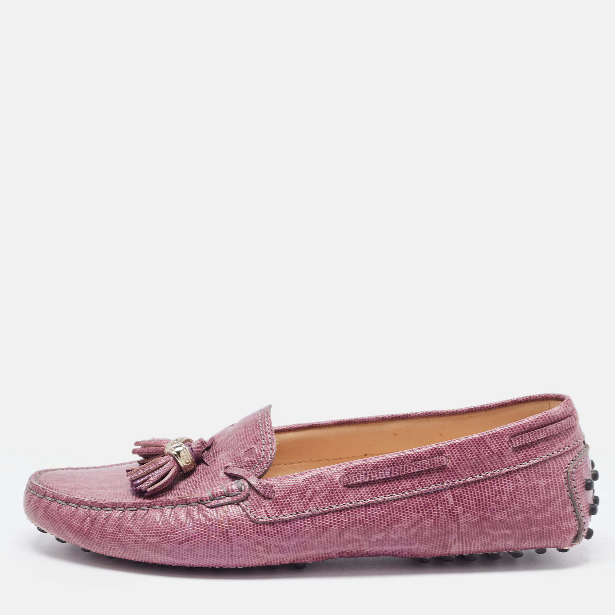 Tod's purple lizard embossed leather penny bow loafers size 39