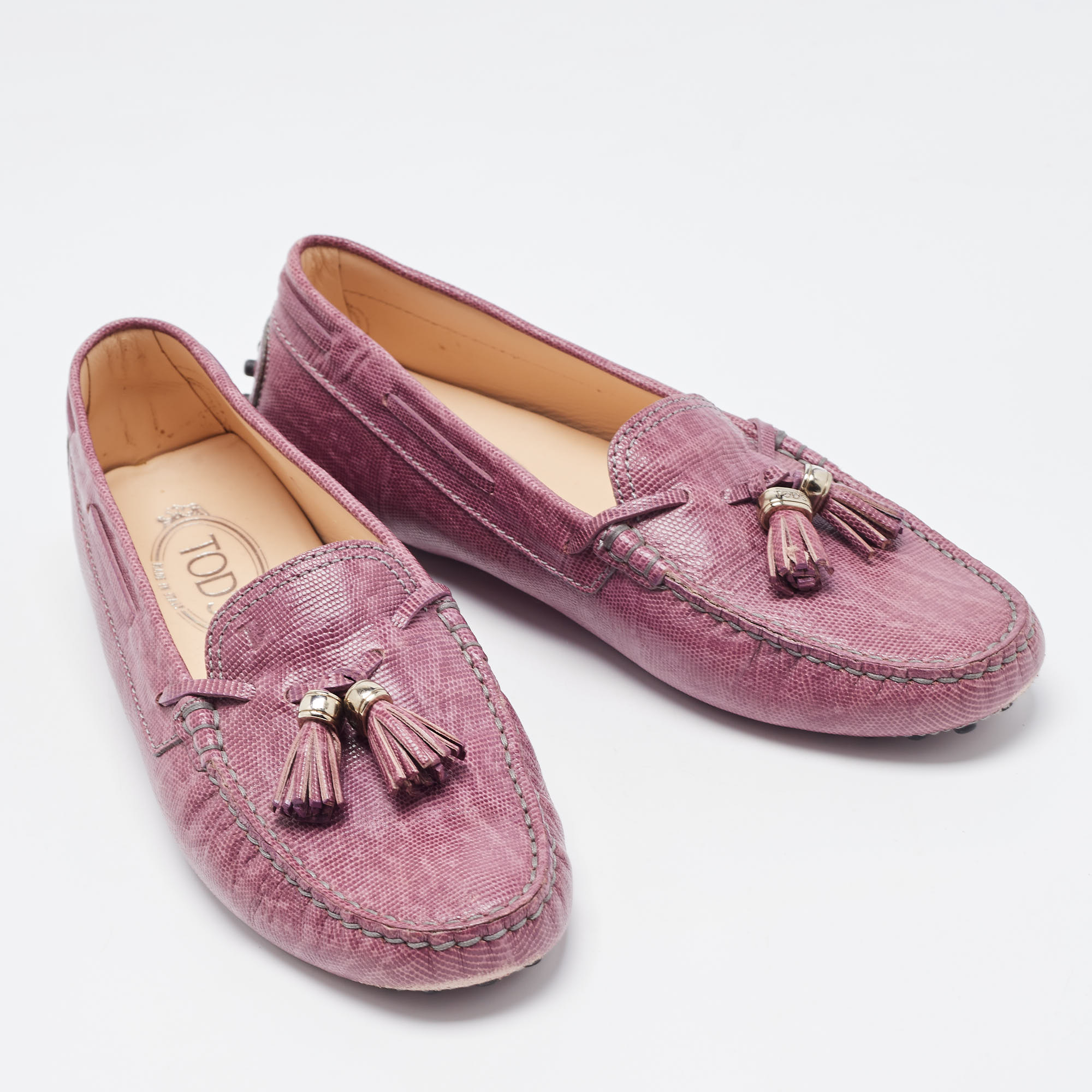 Tod's Purple Lizard Embossed Leather Penny Bow Loafers Size 39