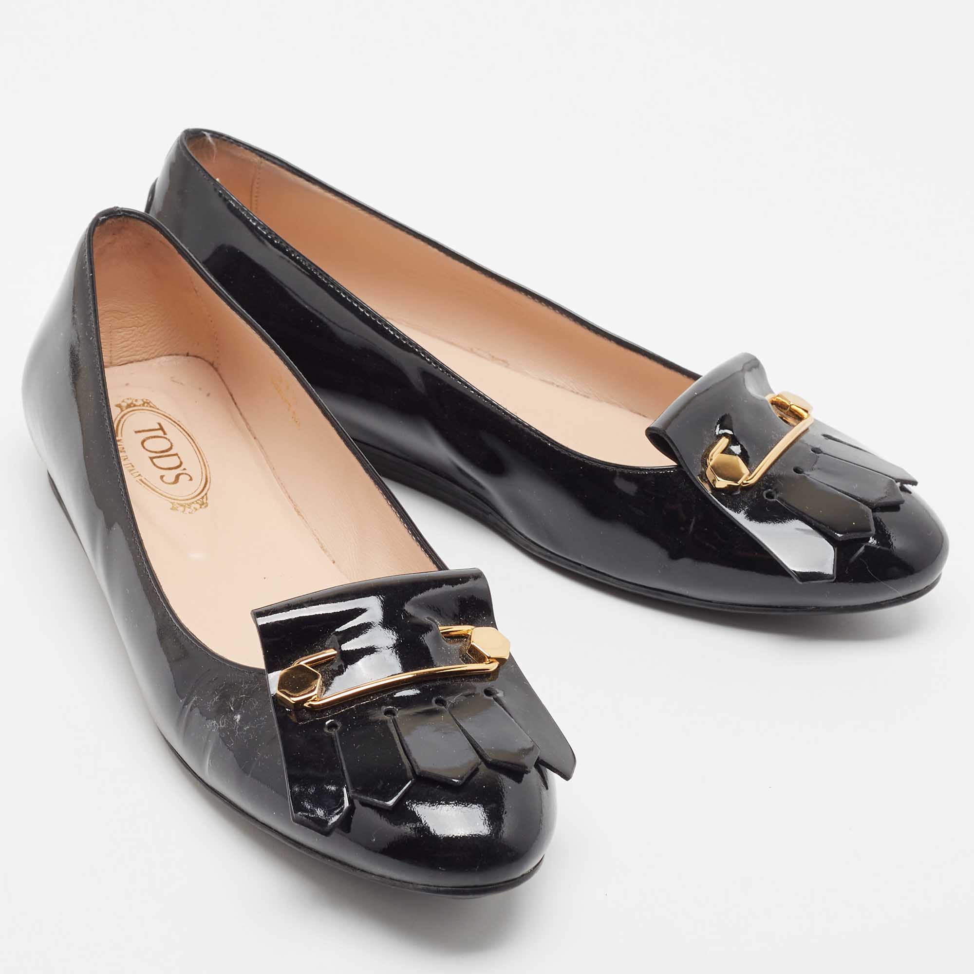 Tod's Black Patent Leather Fringe Loafers Size 37.5