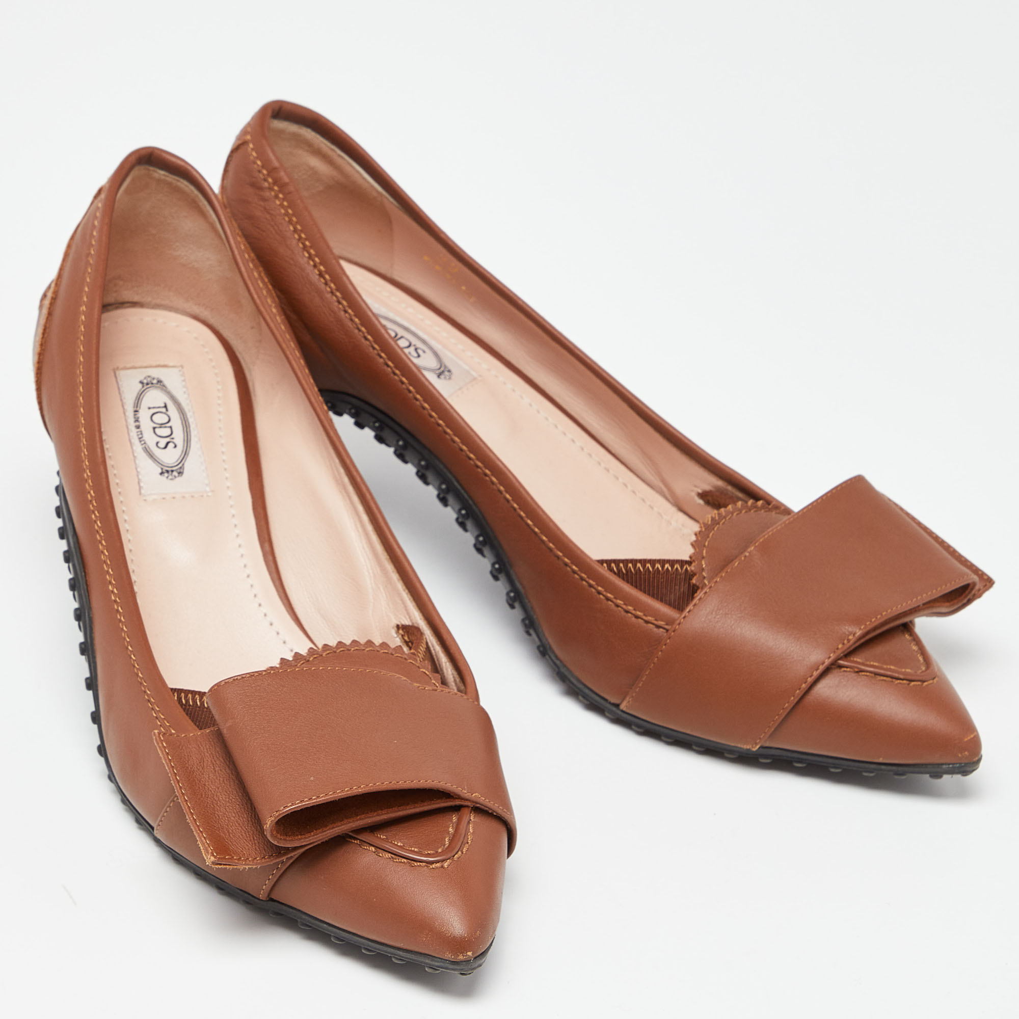 Tod's Brown Leather Bow Pointed Toe Pumps Size 39