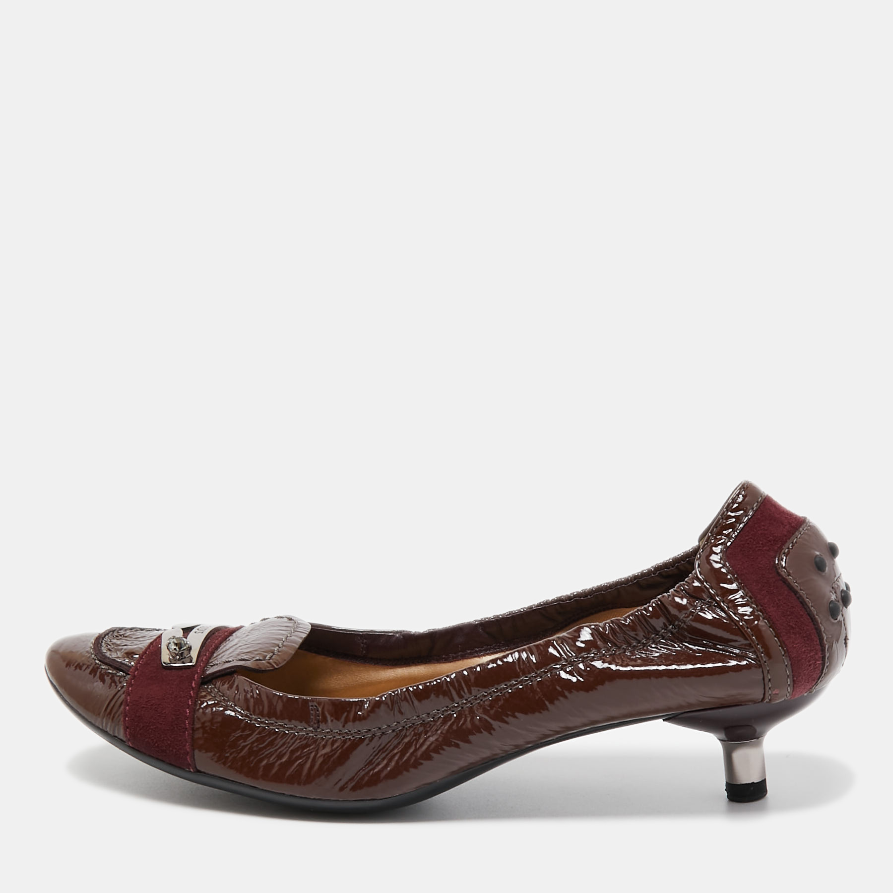 Tod's Brown/Burgundy Patent Leather And Suede Scrunch Loafer Pumps Size 37