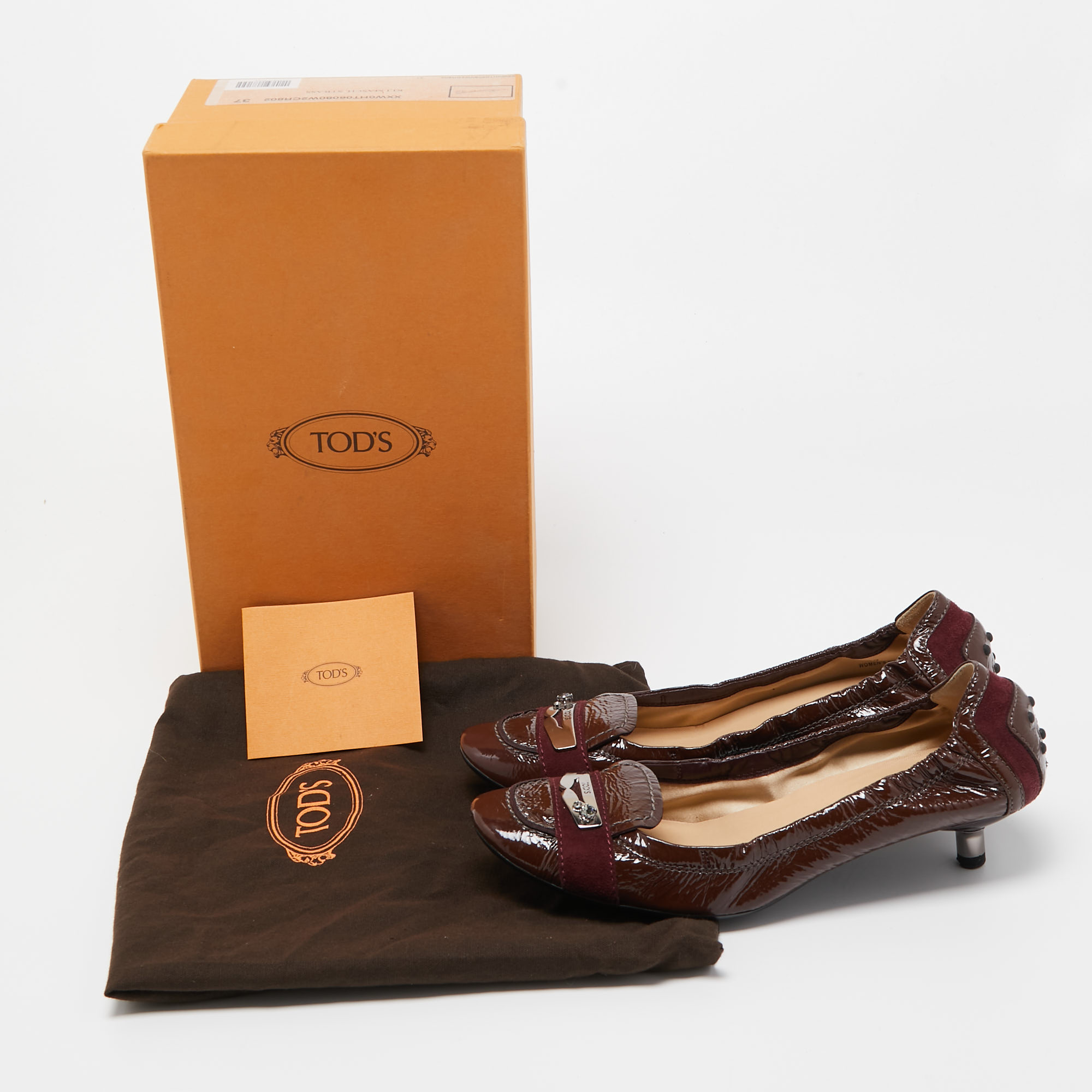 Tod's Brown/Burgundy Patent Leather And Suede Scrunch Loafer Pumps Size 37