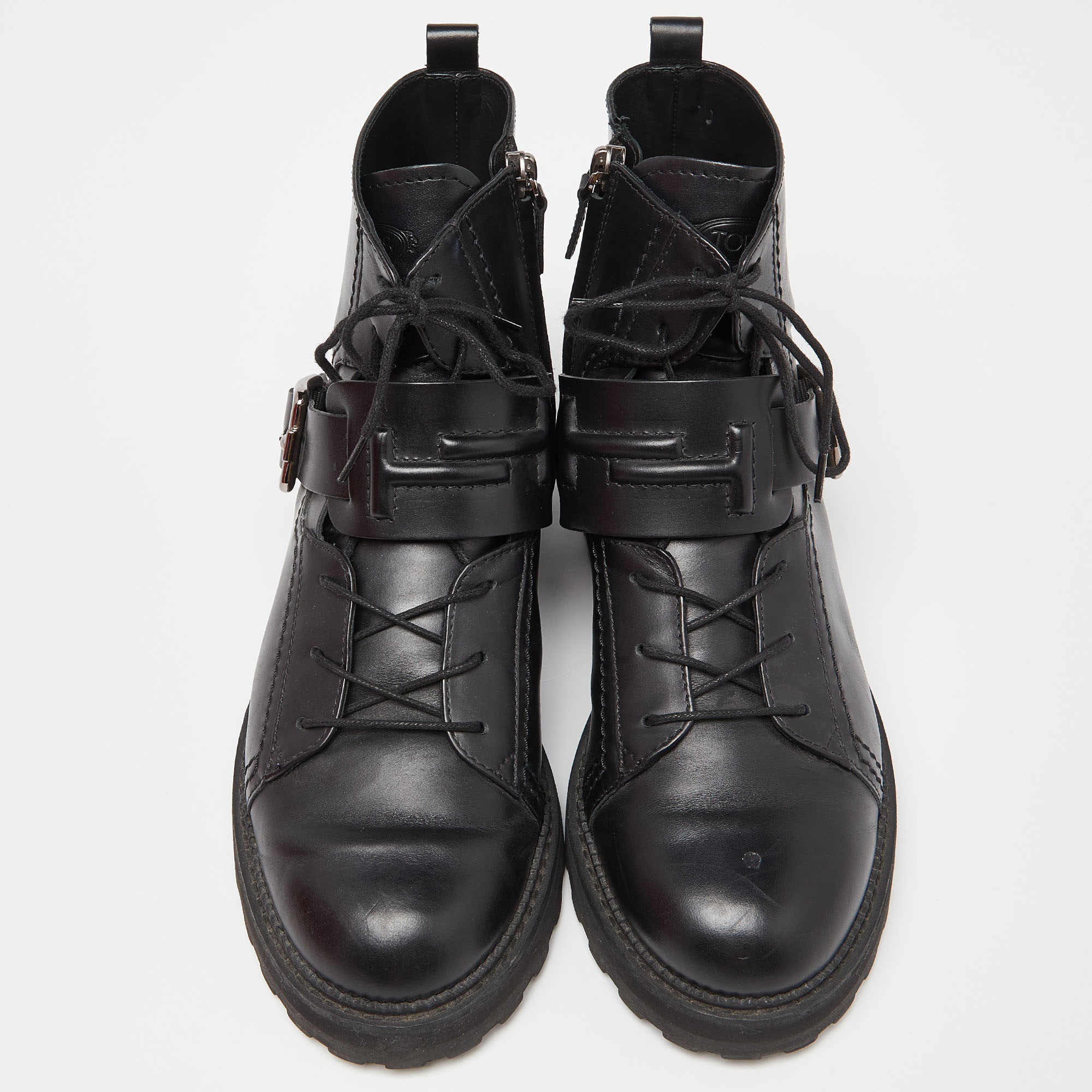 Tod's Black Leather Buckle Combat Boots Size 39