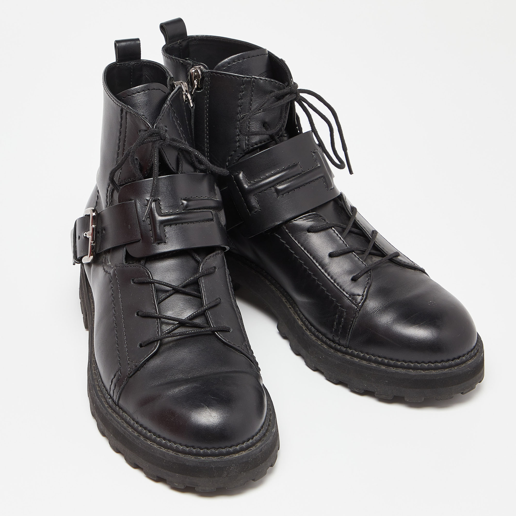 Tod's Black Leather Buckle Combat Boots Size 39