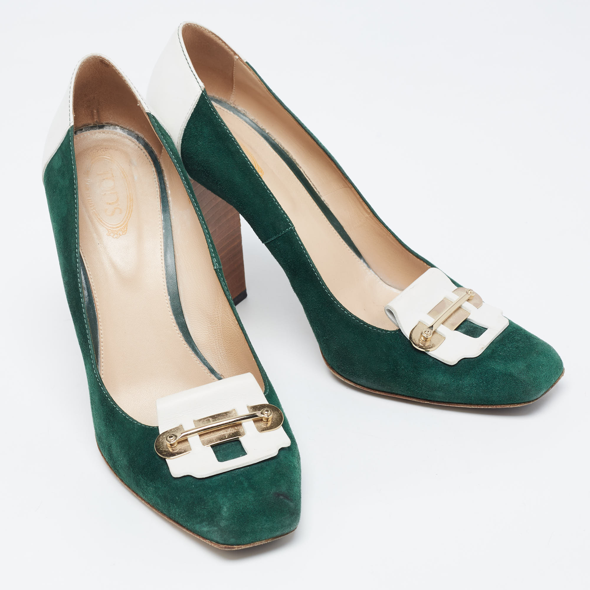 Tod's Green/White Leather And Suede Loafer Pumps Size 40