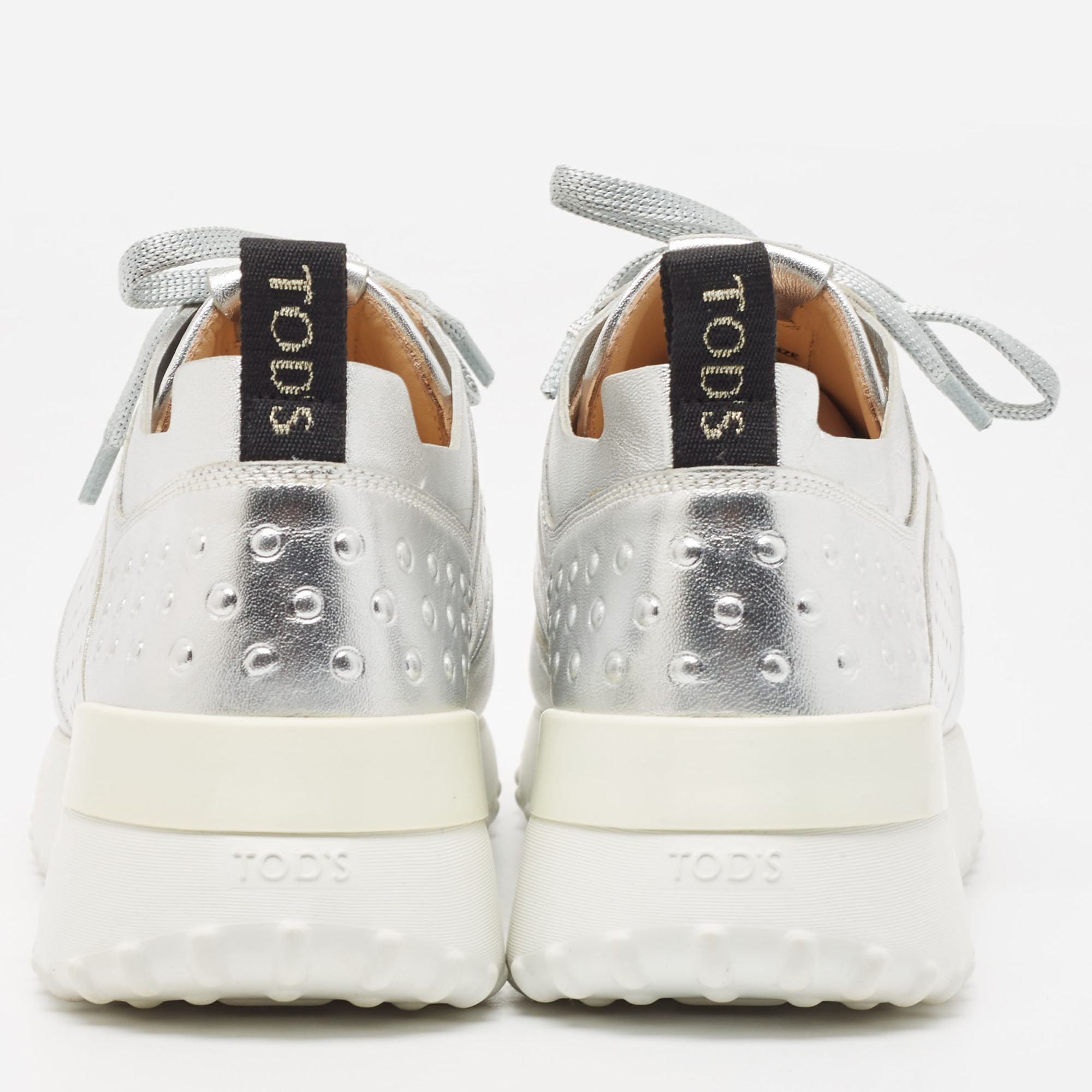 Tod's Silver Leather Drilled Low Top Sneakers Size 39.5