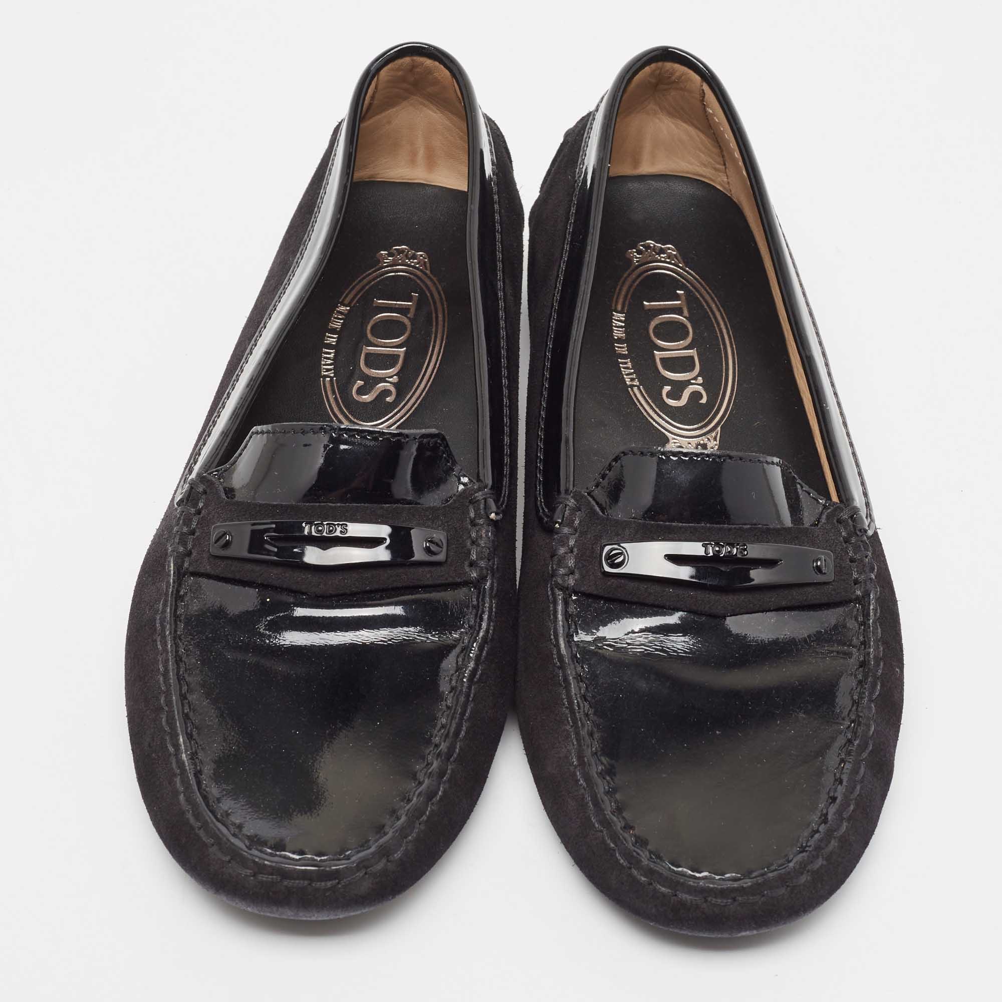 Tod's Black Suede And Patent Leather Loafers Size 36.5